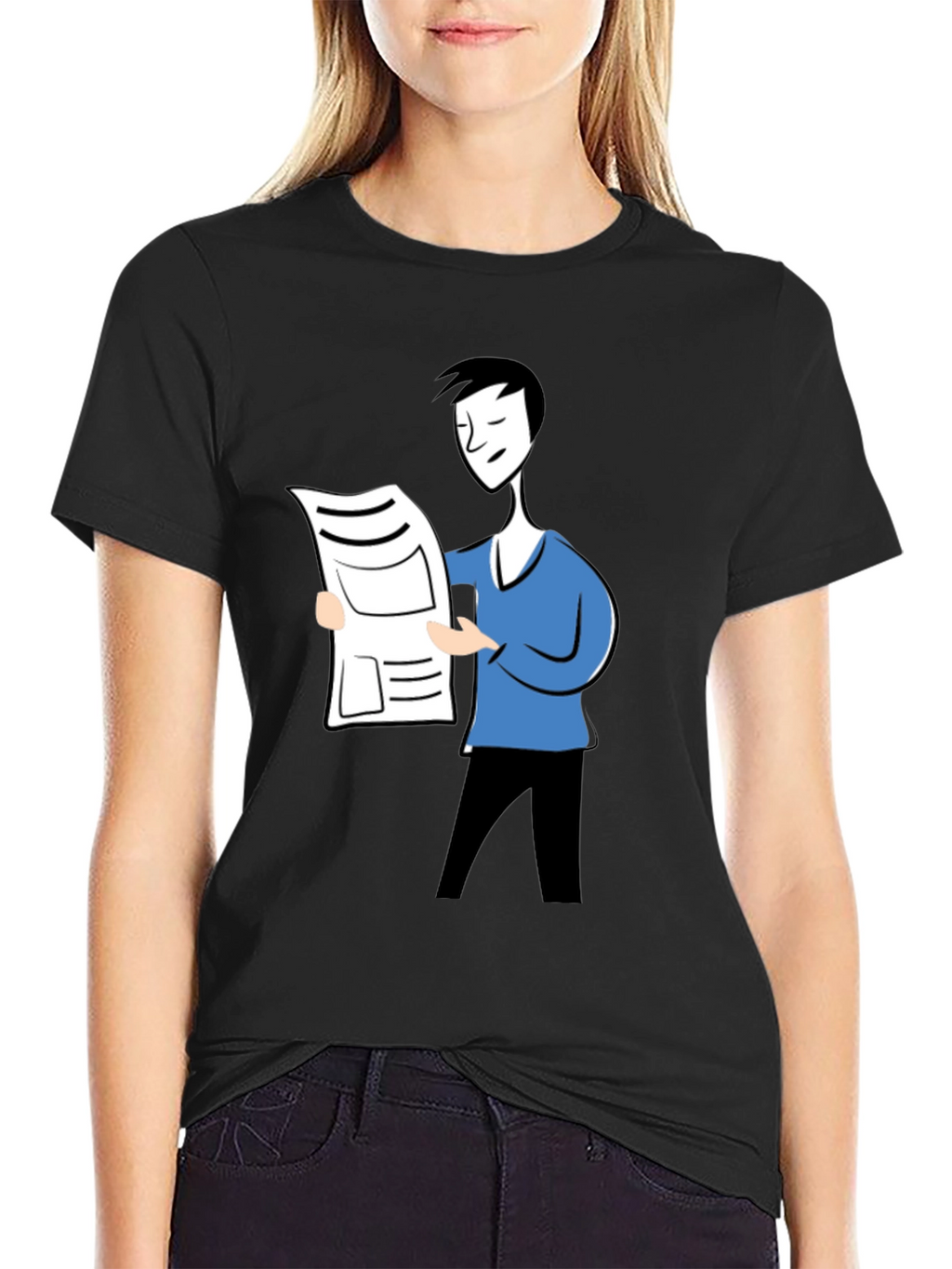 Cartoon Man Reading News Black T-Shirt