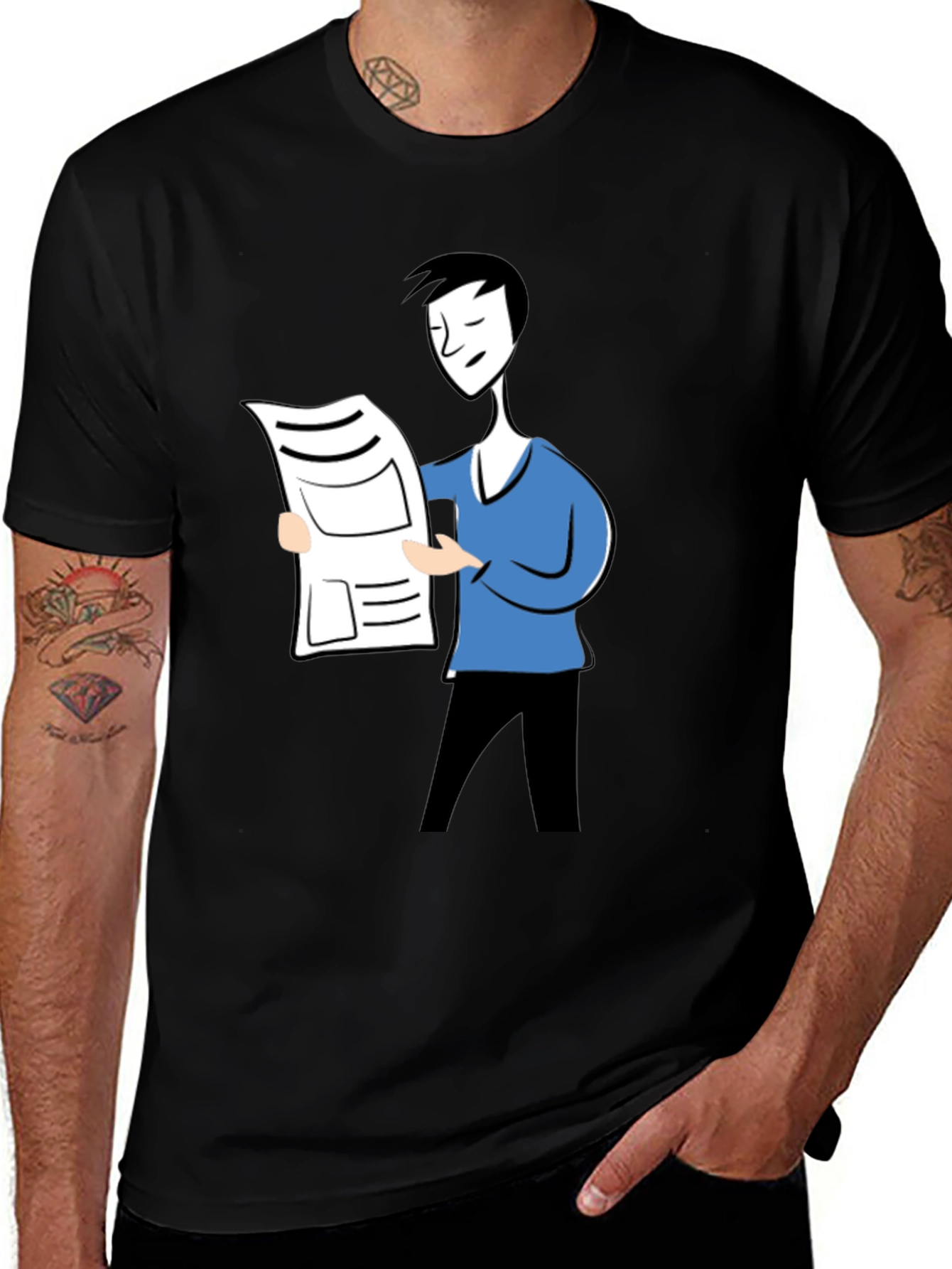 Cartoon Man Reading News Black T-Shirt