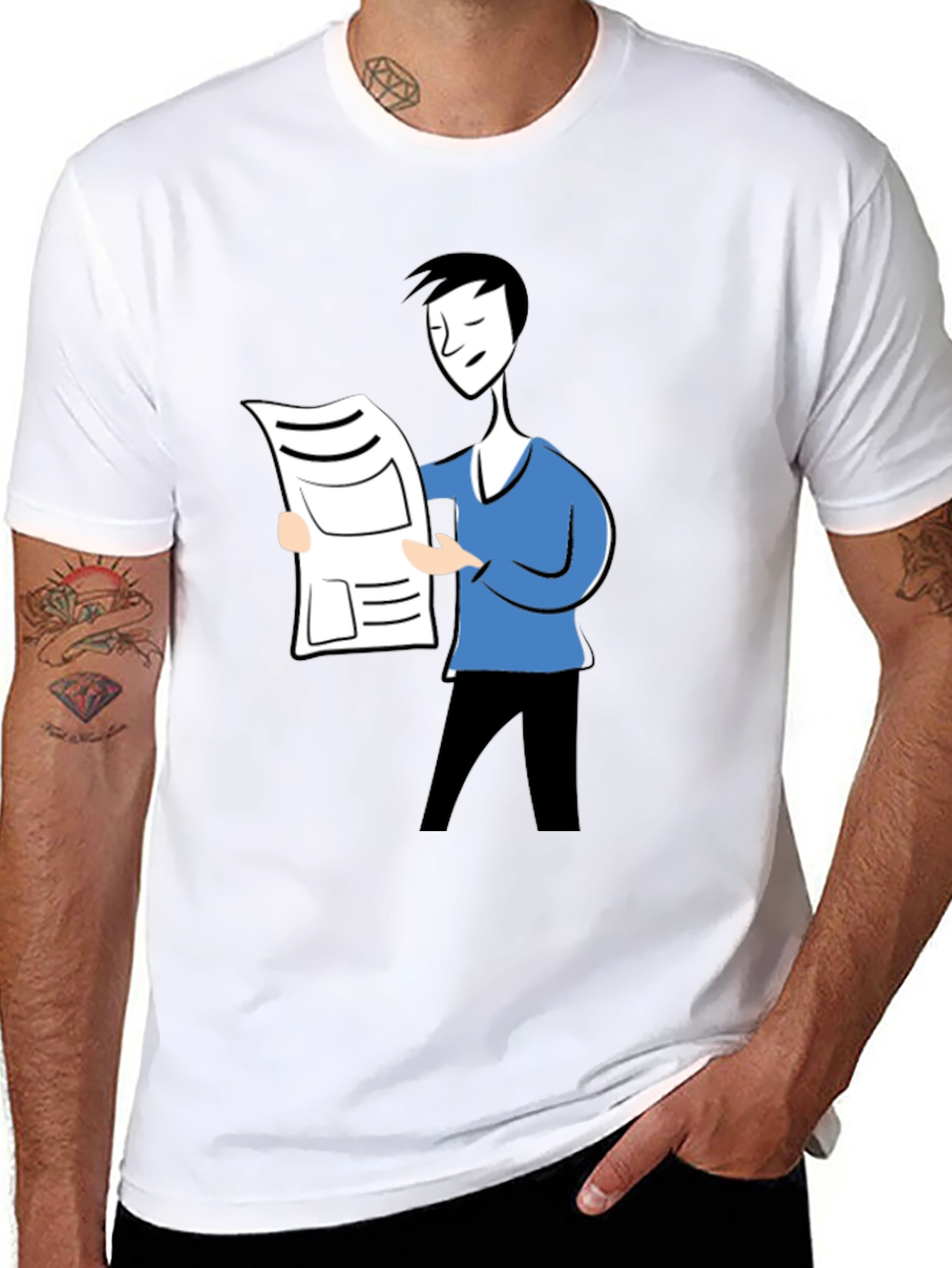Cartoon Man Reading News Black T-Shirt