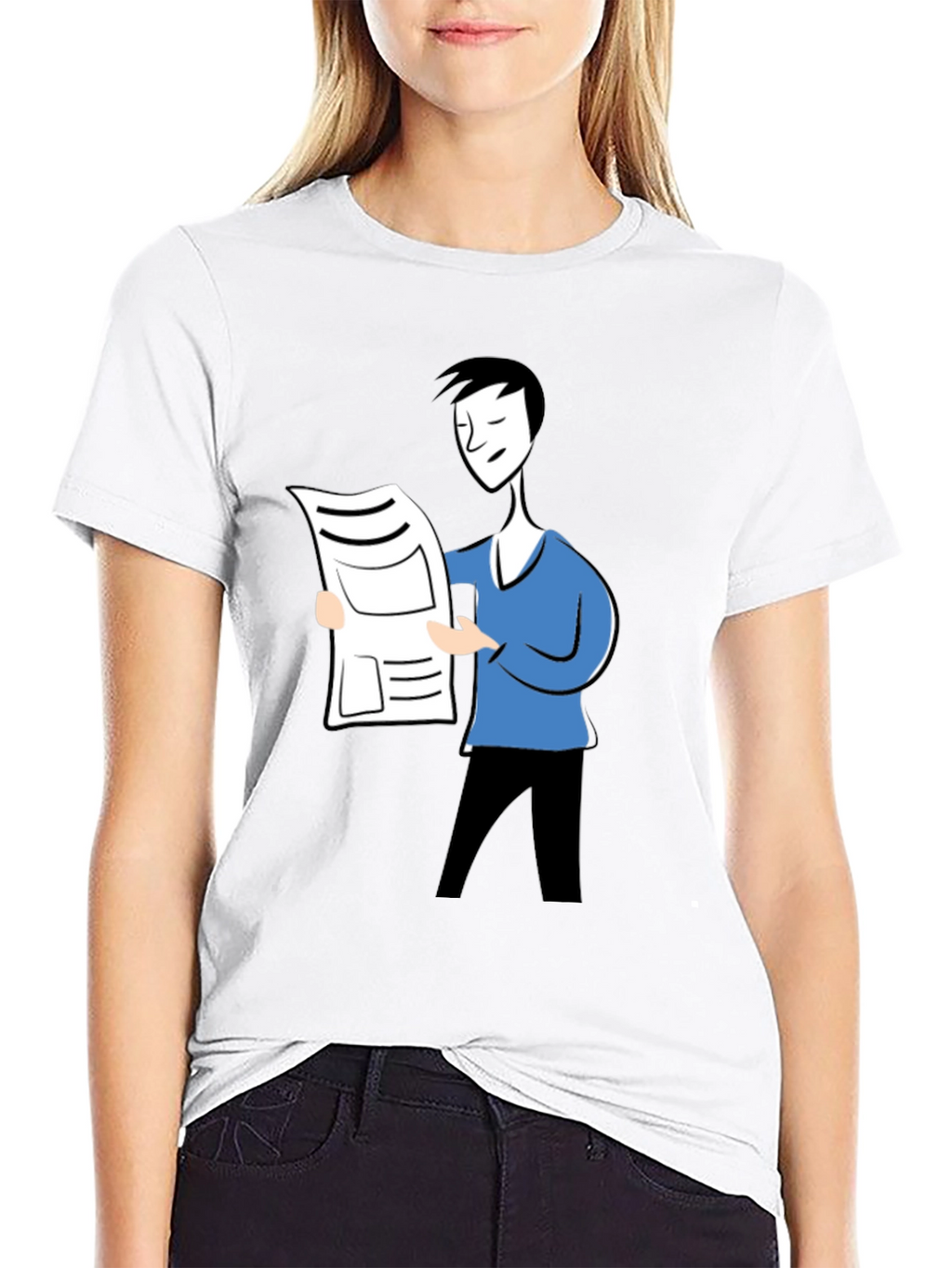 Cartoon Man Reading News Black T-Shirt