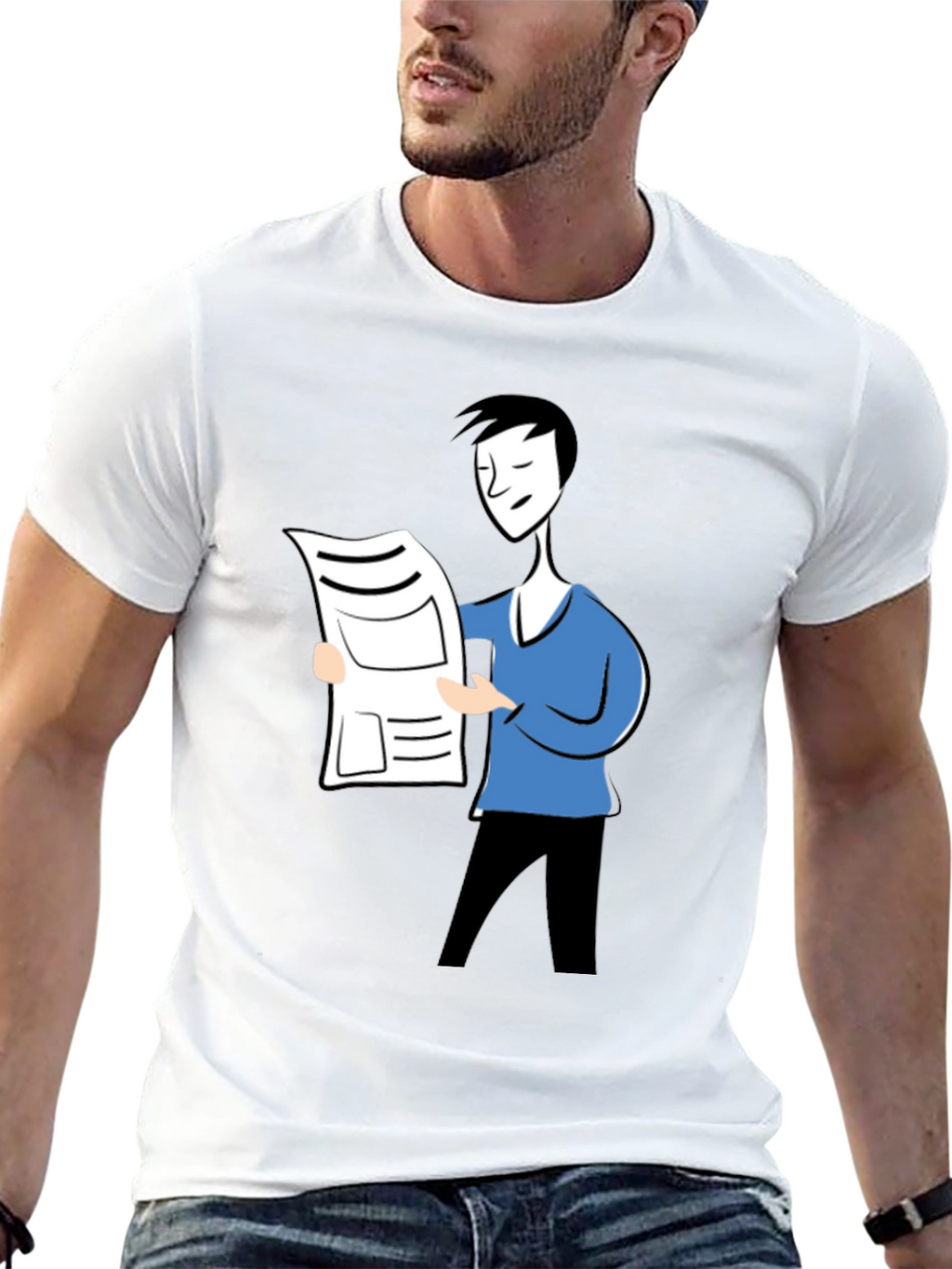 Cartoon Man Reading News Black T-Shirt