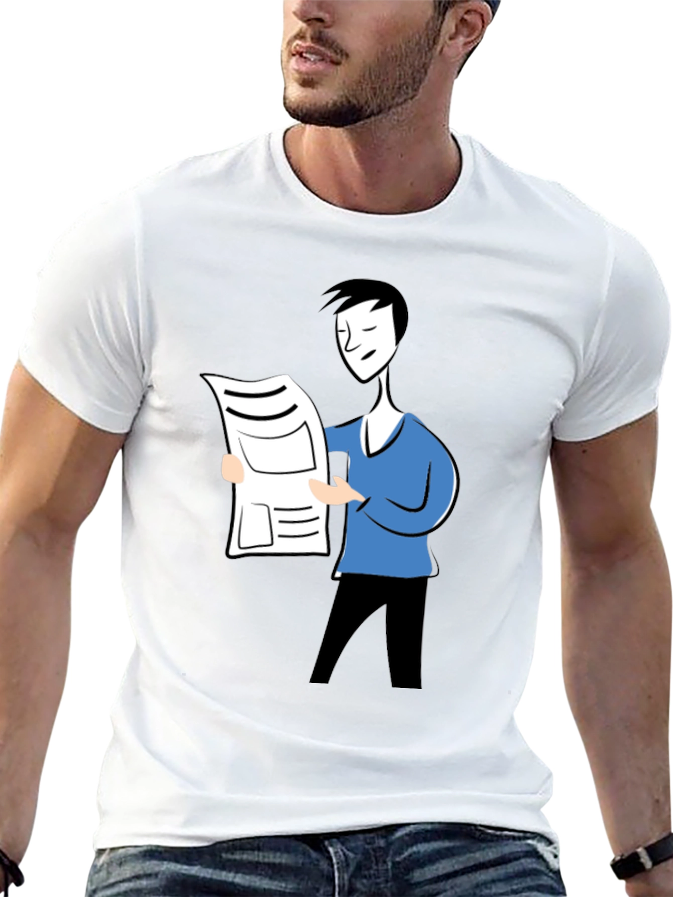 Cartoon Man Reading News Black T-Shirt