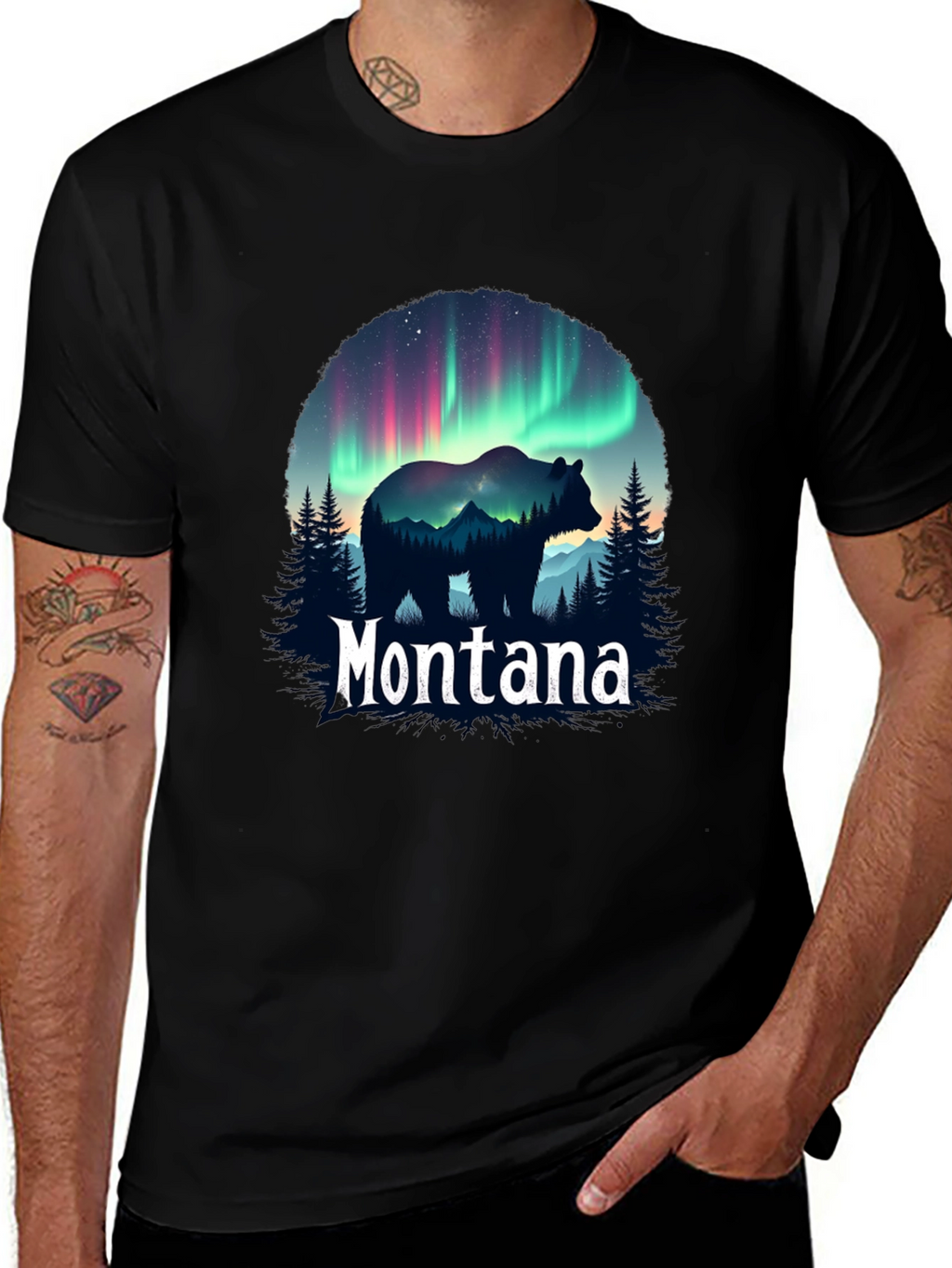Montana Bear Aurora Borealis Graphic T-Shirt