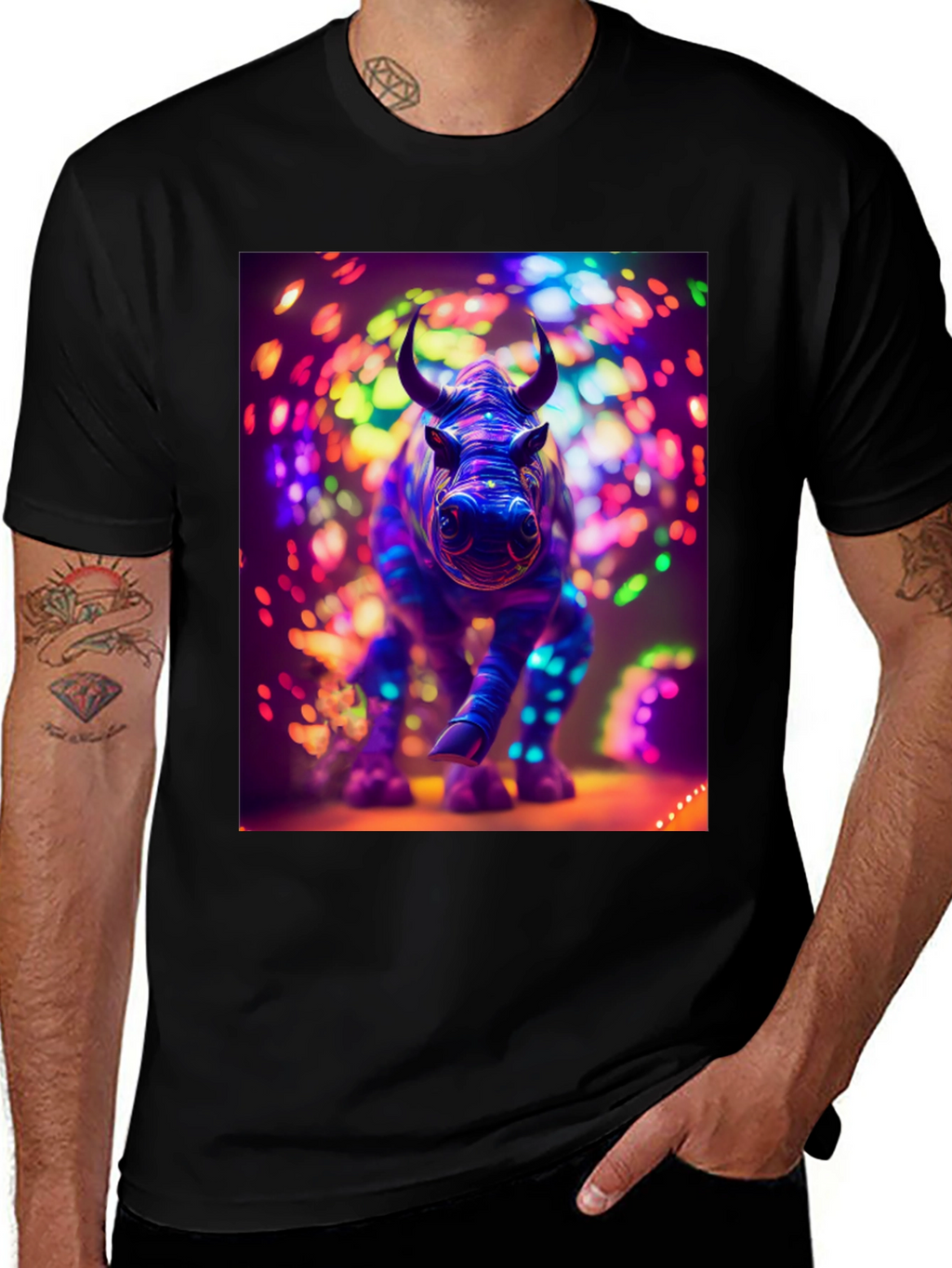 Neon Rhino Graphic Tee - Cool Animal Print Shirt