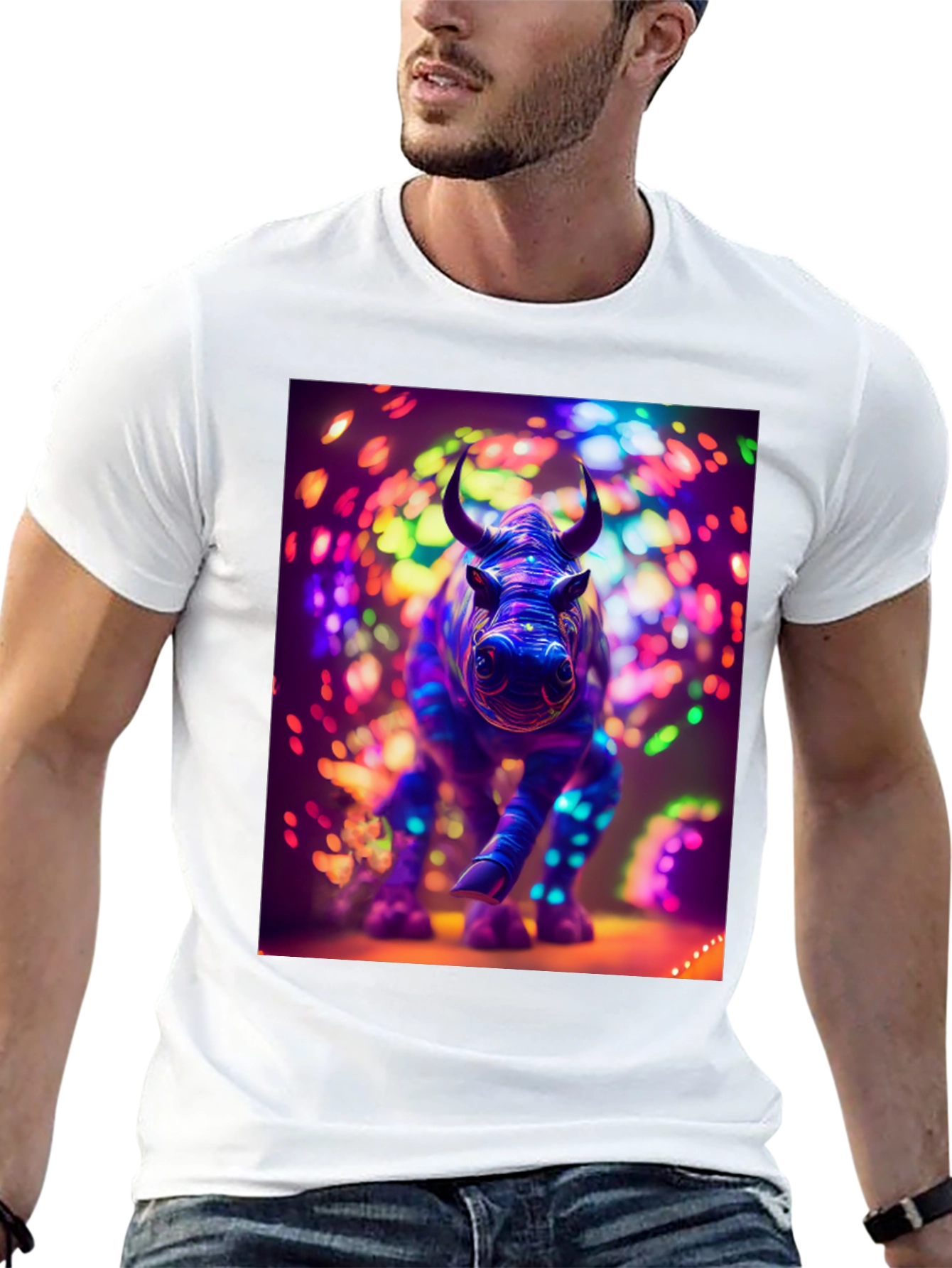 Neon Rhino Graphic Tee - Cool Animal Print Shirt