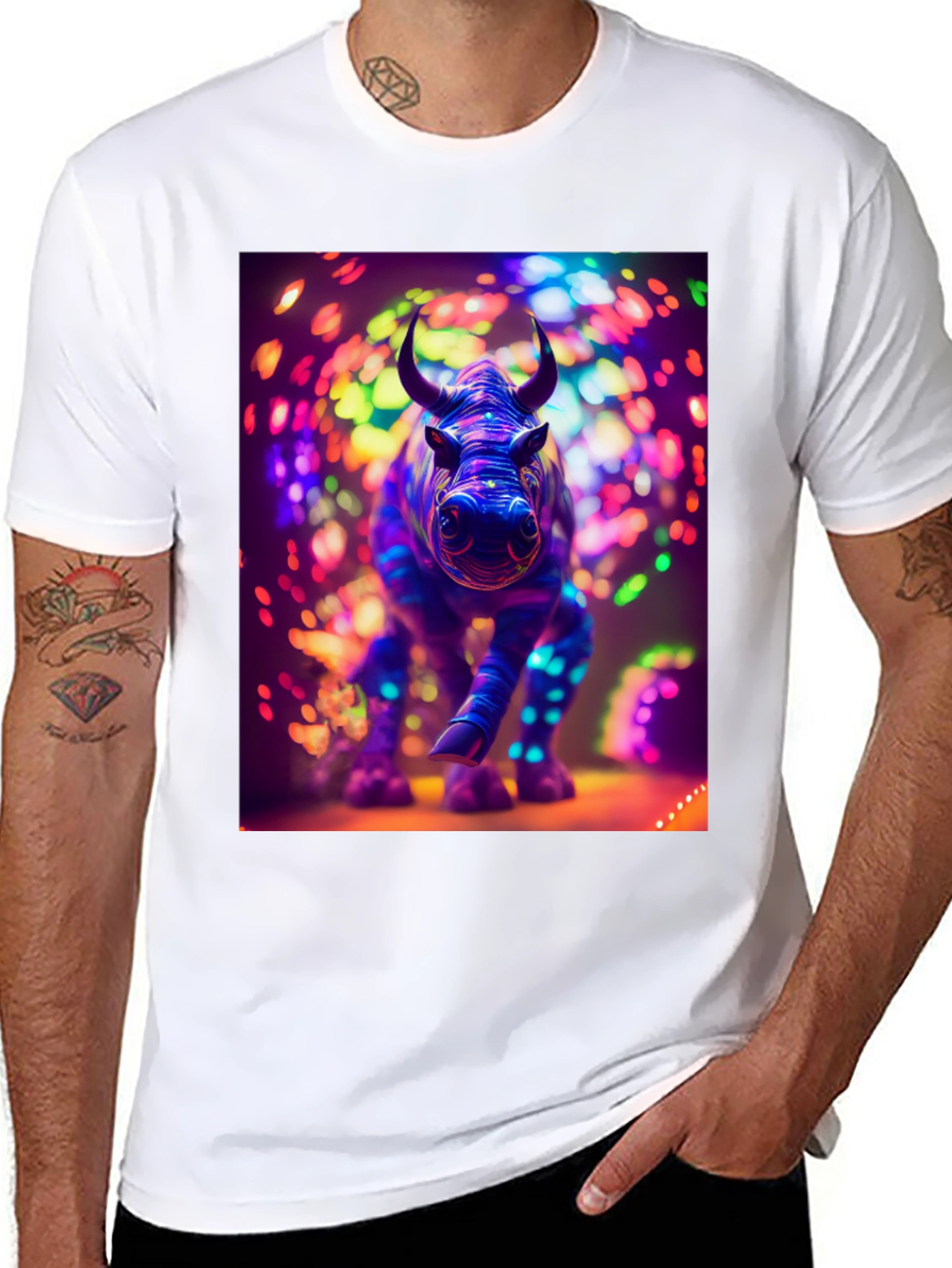 Neon Rhino Graphic Tee - Cool Animal Print Shirt
