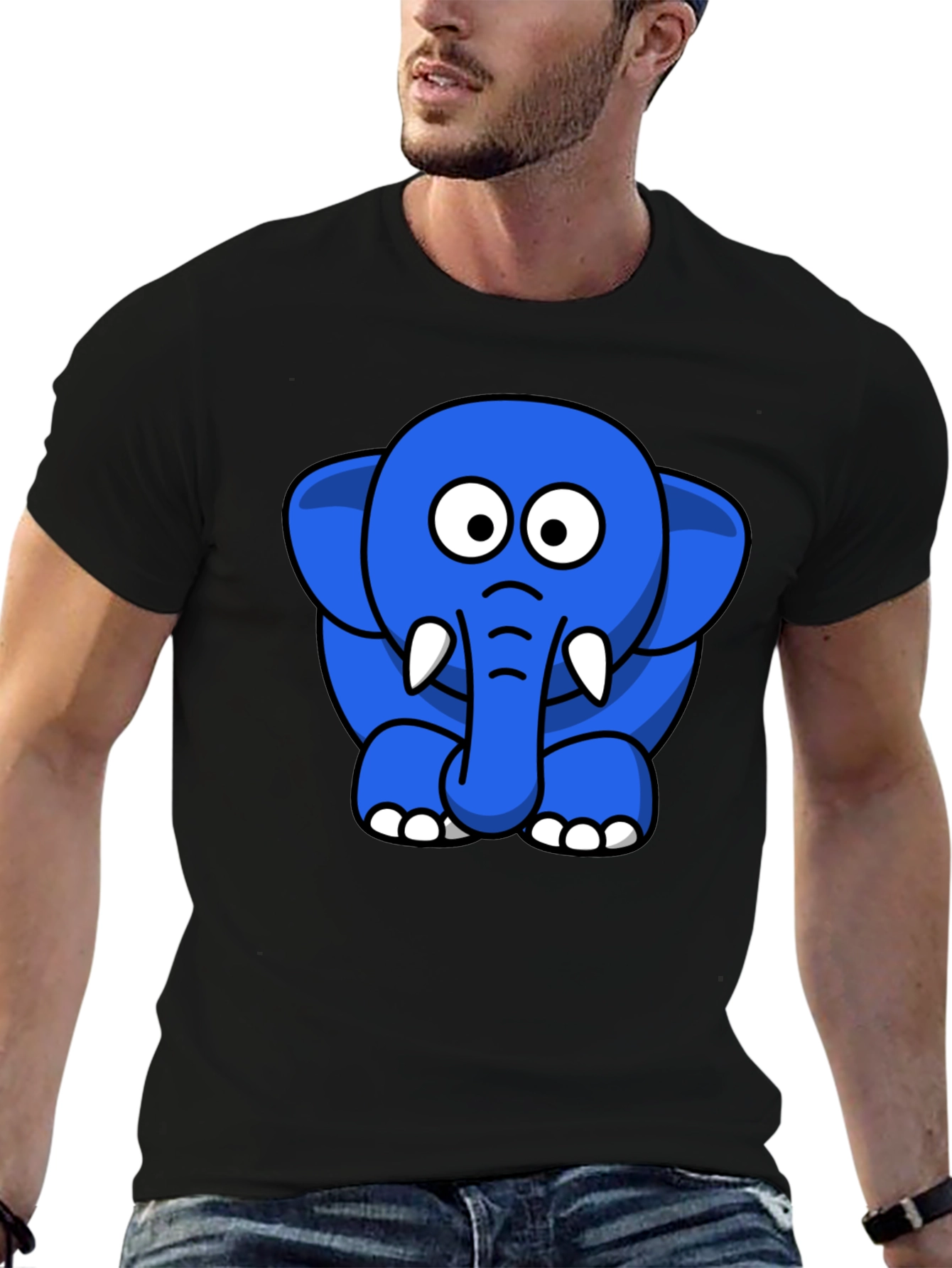 Cute Blue Cartoon Elephant Black T-Shirt