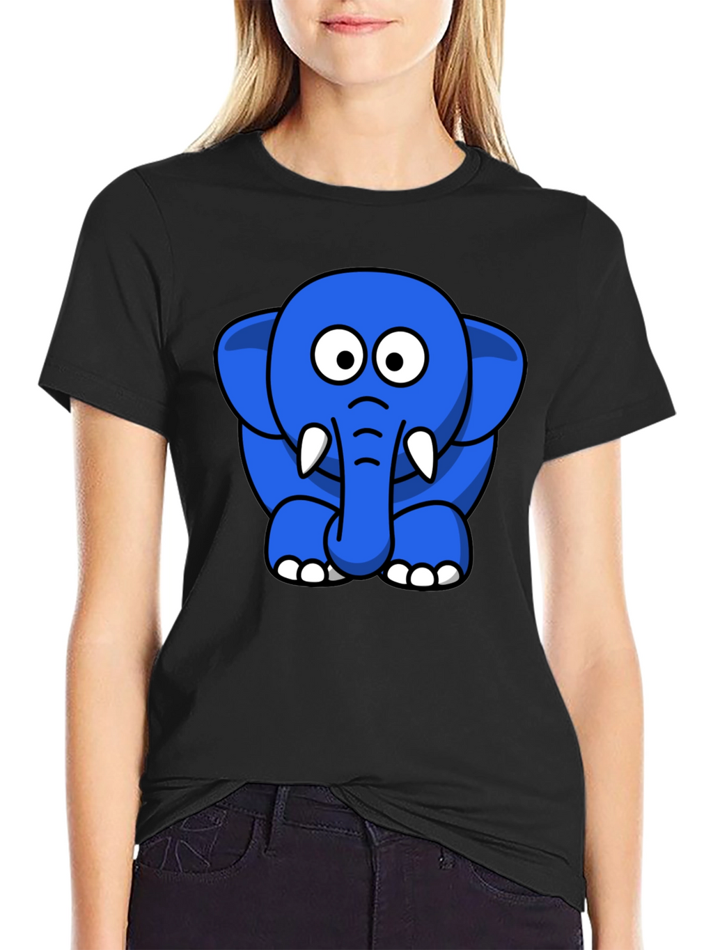Cute Blue Cartoon Elephant Black T-Shirt