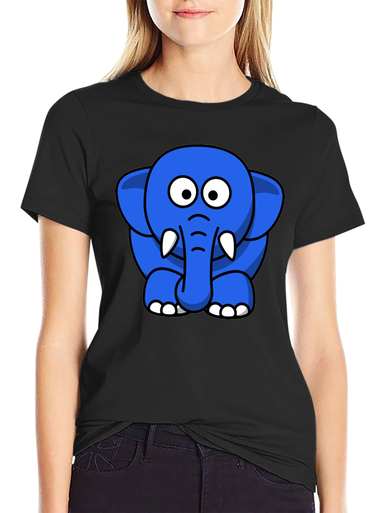 Cute Blue Cartoon Elephant Black T-Shirt