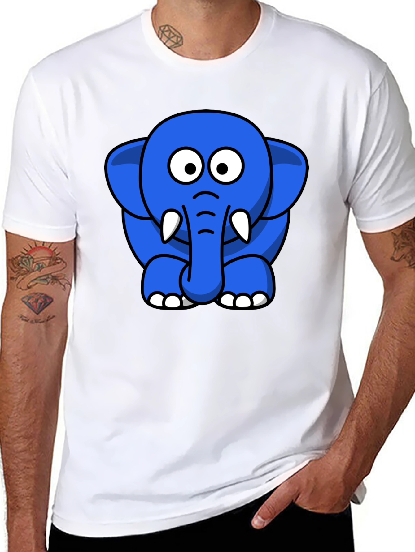 Cute Blue Cartoon Elephant Black T-Shirt