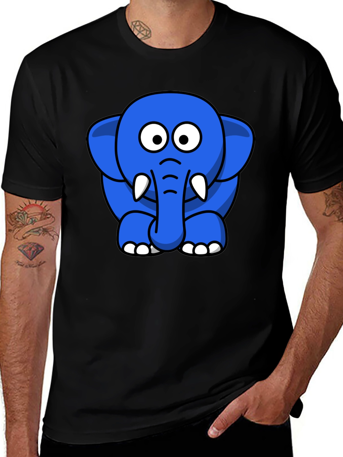 Cute Blue Cartoon Elephant Black T-Shirt