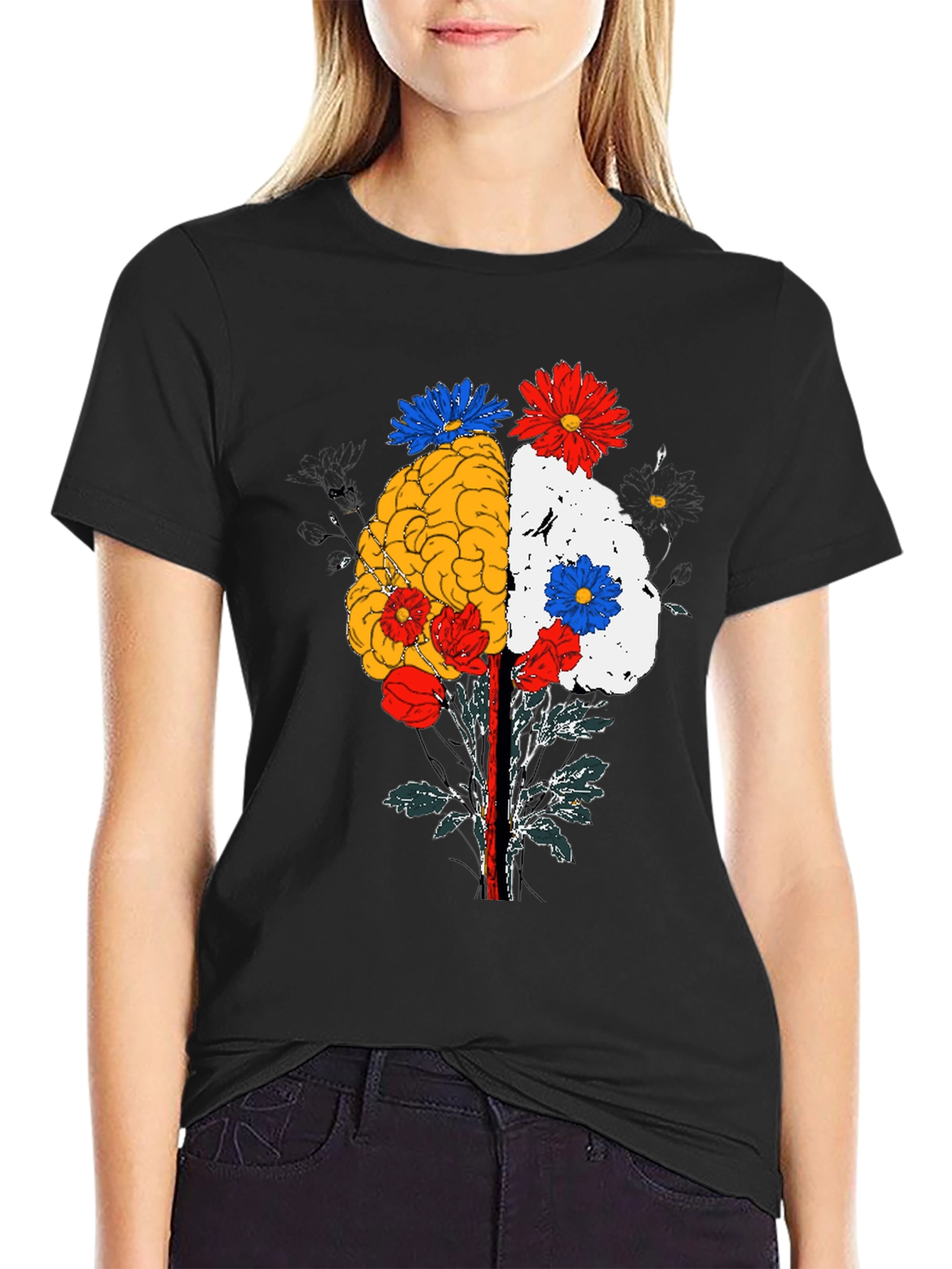 Brain and Flower Graphic Tee - Black Cotton