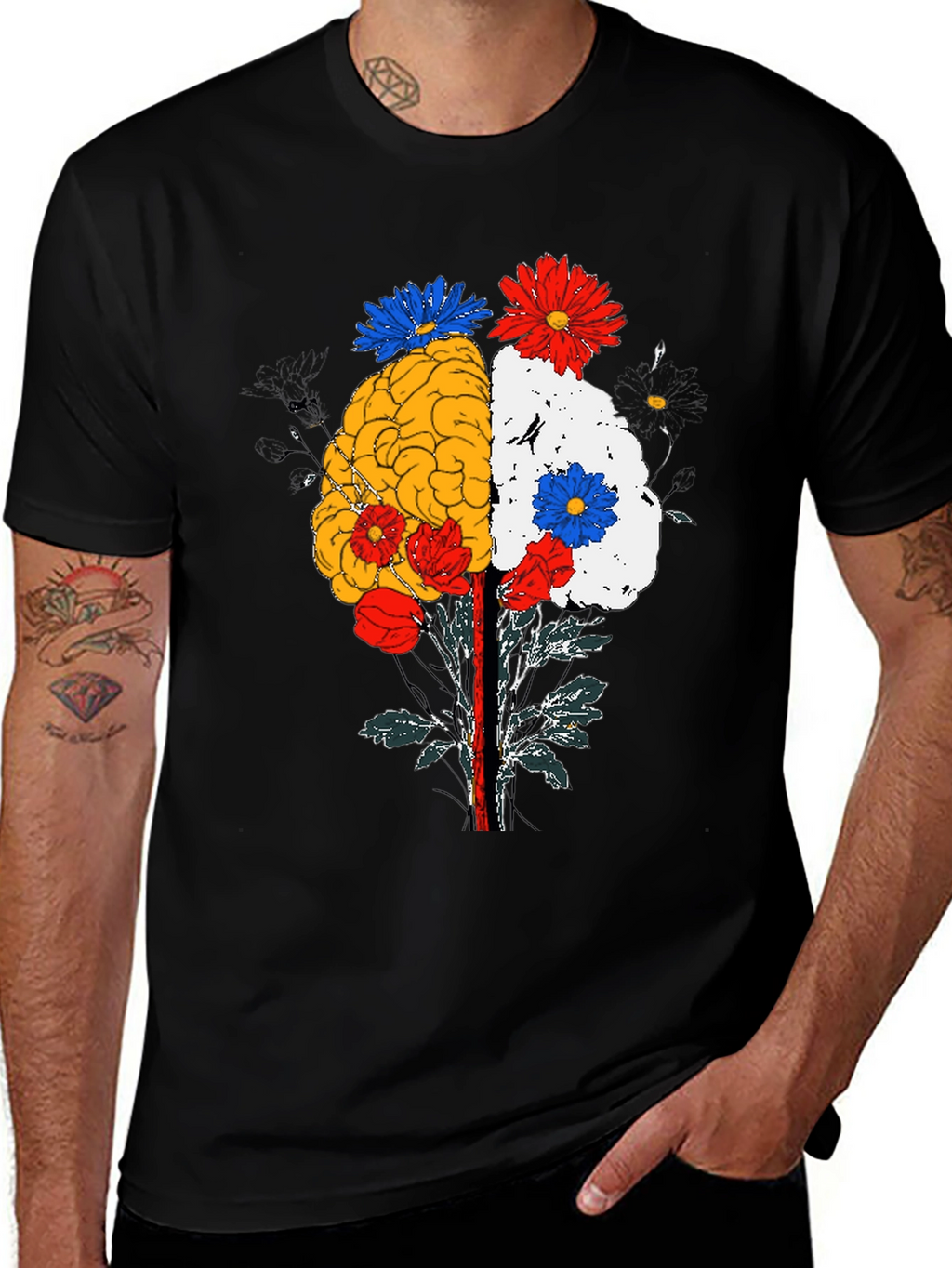 Brain and Flower Graphic Tee - Black Cotton