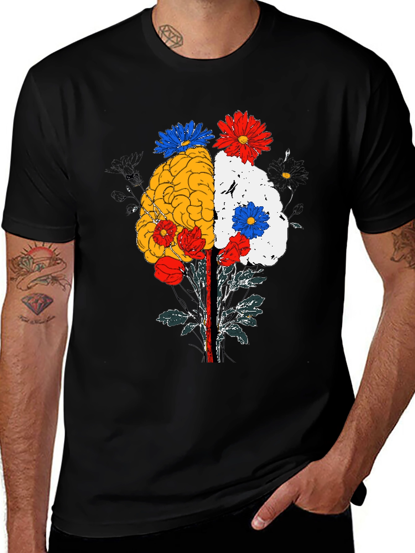 Brain and Flower Graphic Tee - Black Cotton