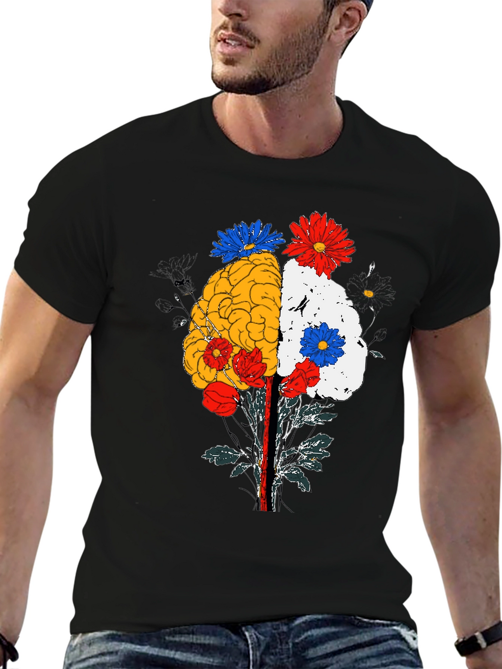 Brain and Flower Graphic Tee - Black Cotton