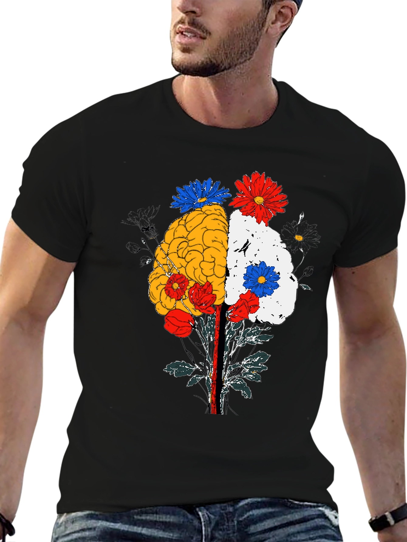 Brain and Flower Graphic Tee - Black Cotton