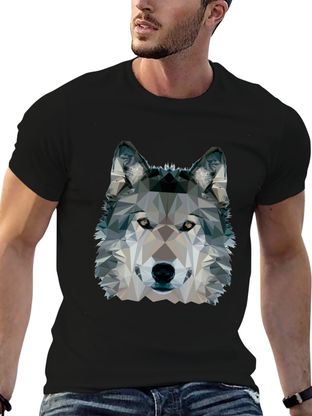 Geometric Wolf Graphic Black T-Shirt