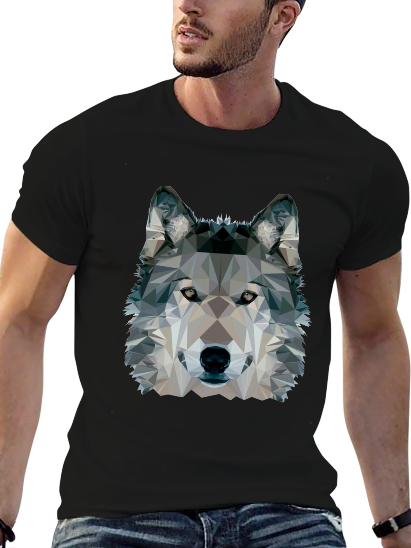 Geometric Wolf Graphic Black T-Shirt