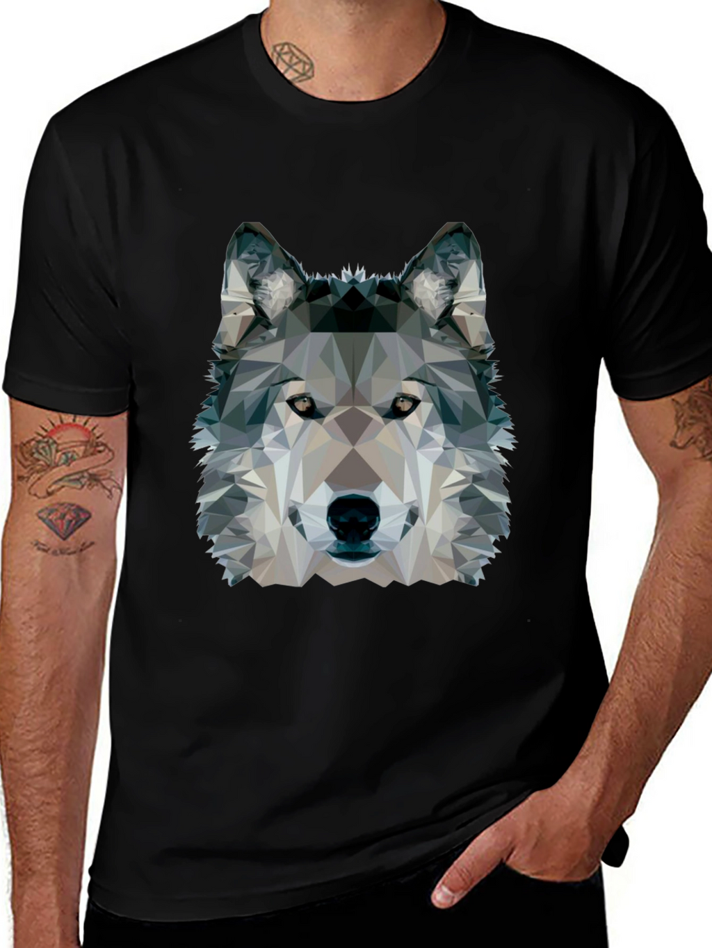 Geometric Wolf Graphic Black T-Shirt