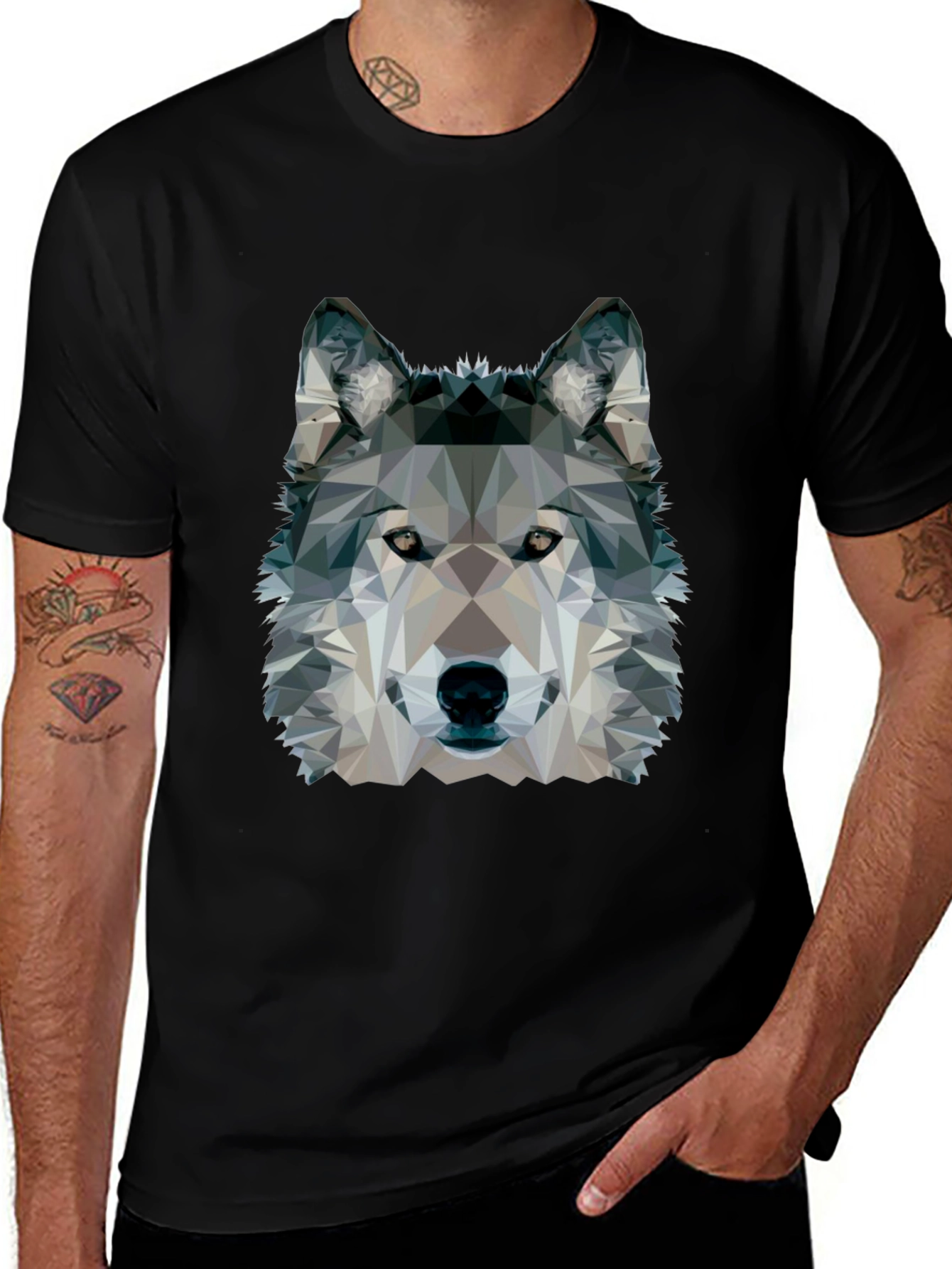 Geometric Wolf Graphic Black T-Shirt