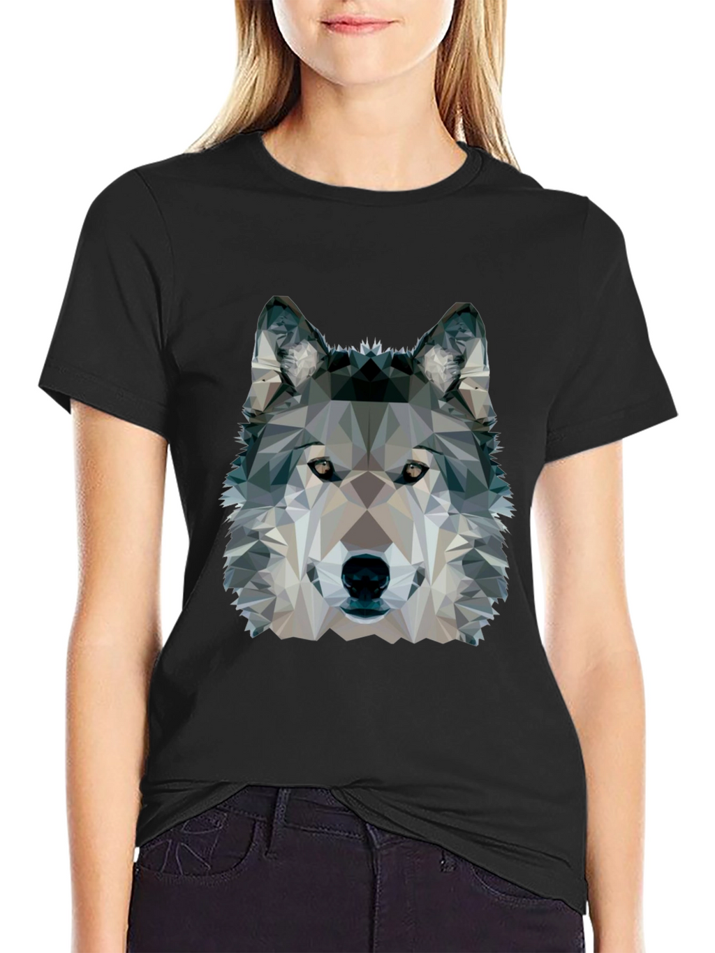 Geometric Wolf Graphic Black T-Shirt