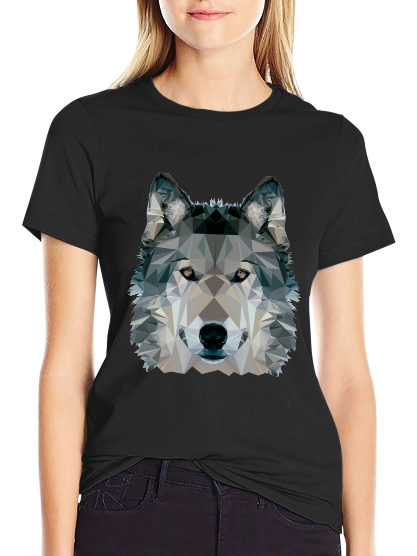 Geometric Wolf Graphic Black T-Shirt