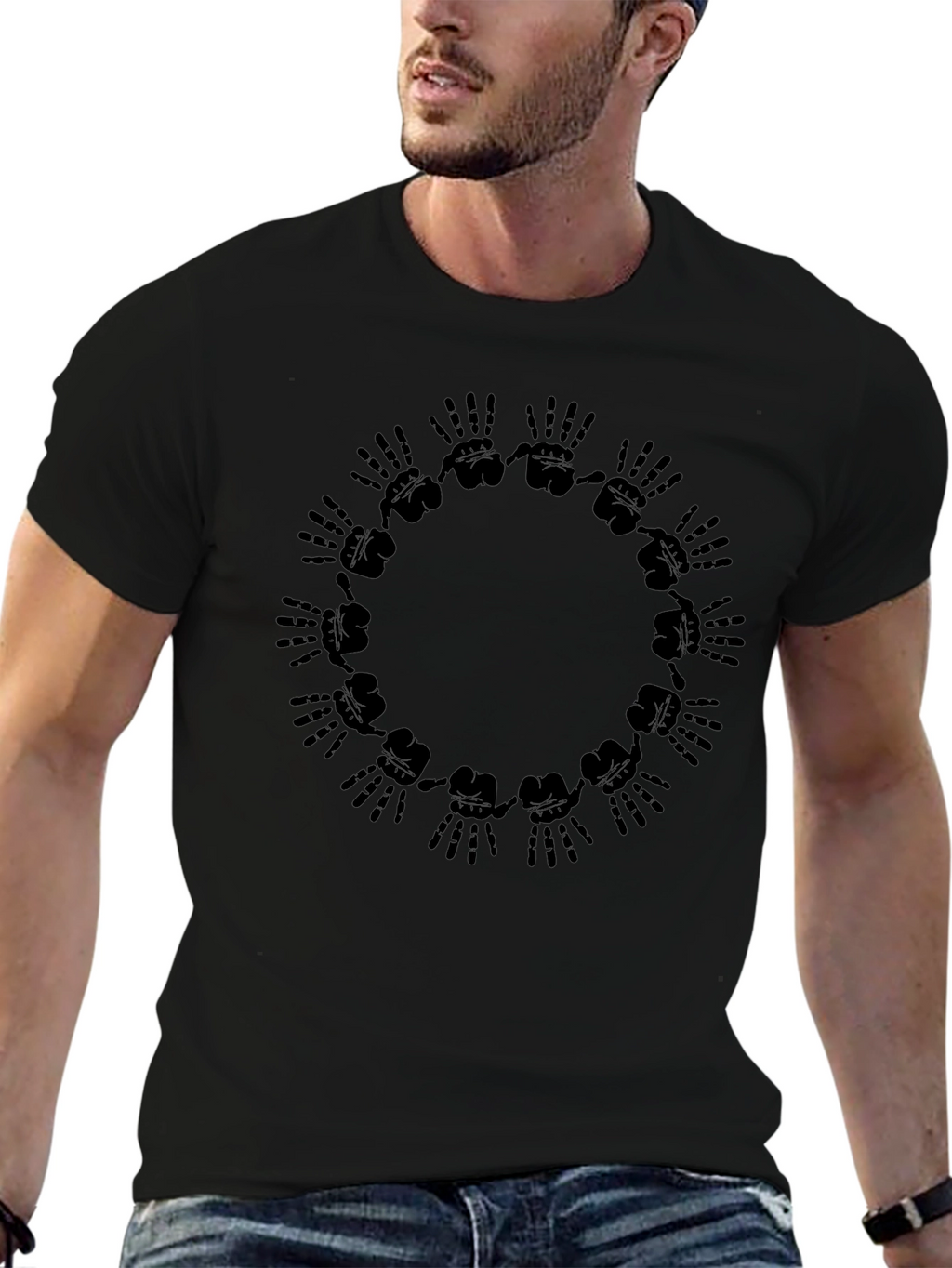 Graphic Black T-Shirt - Hands Circle Design