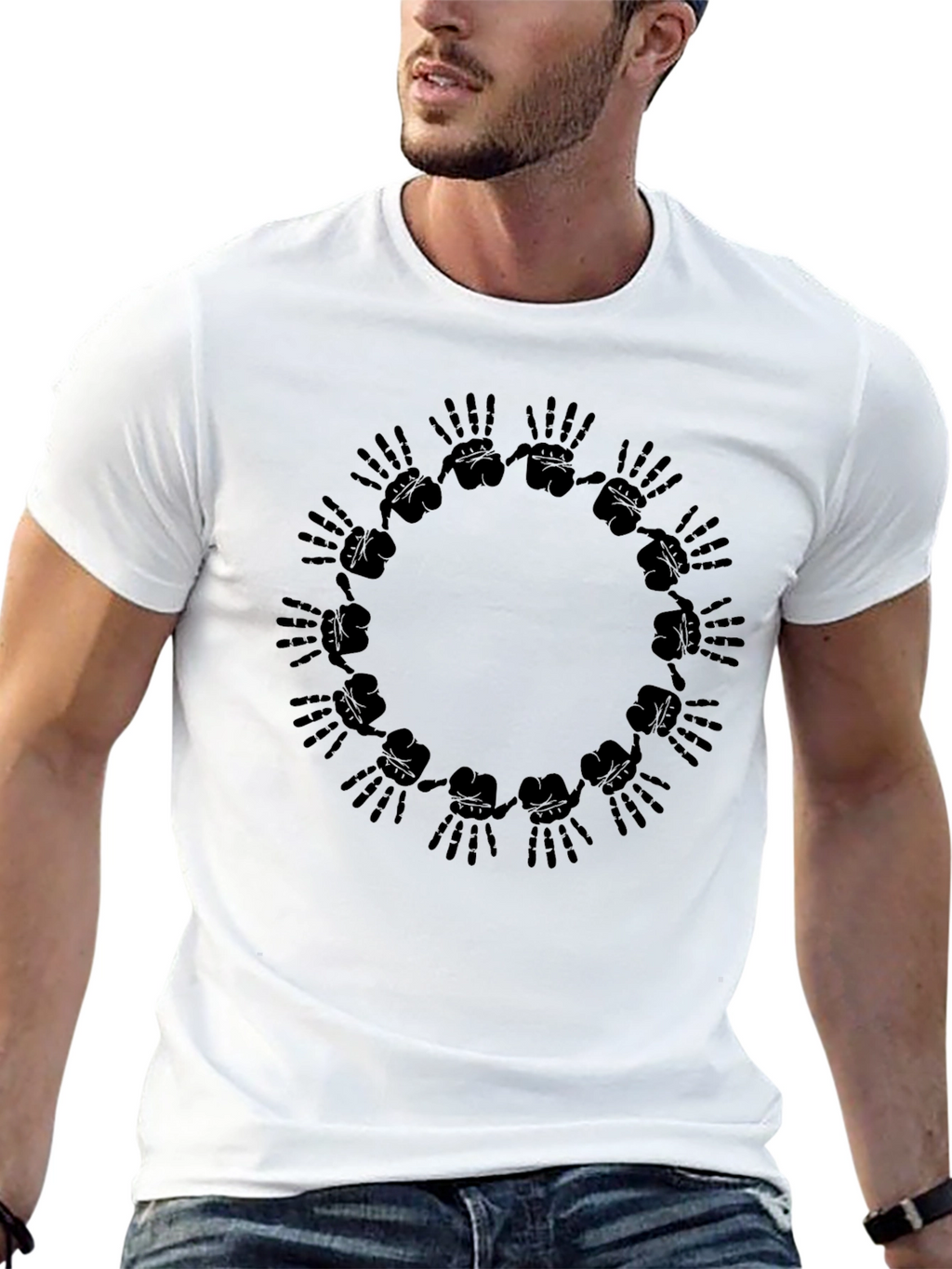 Graphic Black T-Shirt - Hands Circle Design