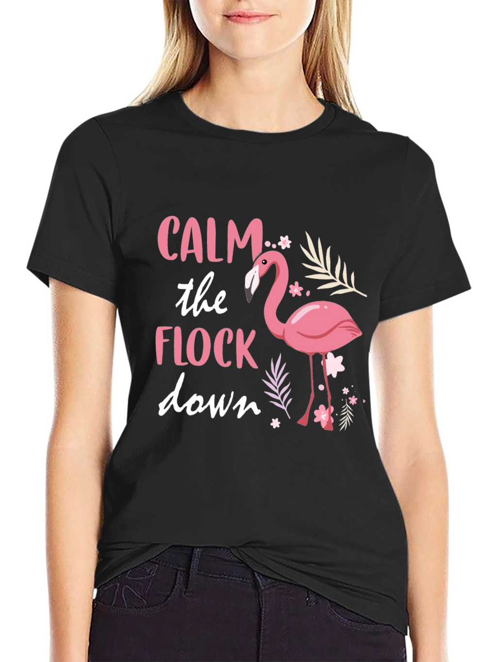 Calm the Flock Down Flamingo Graphic Tee - Black