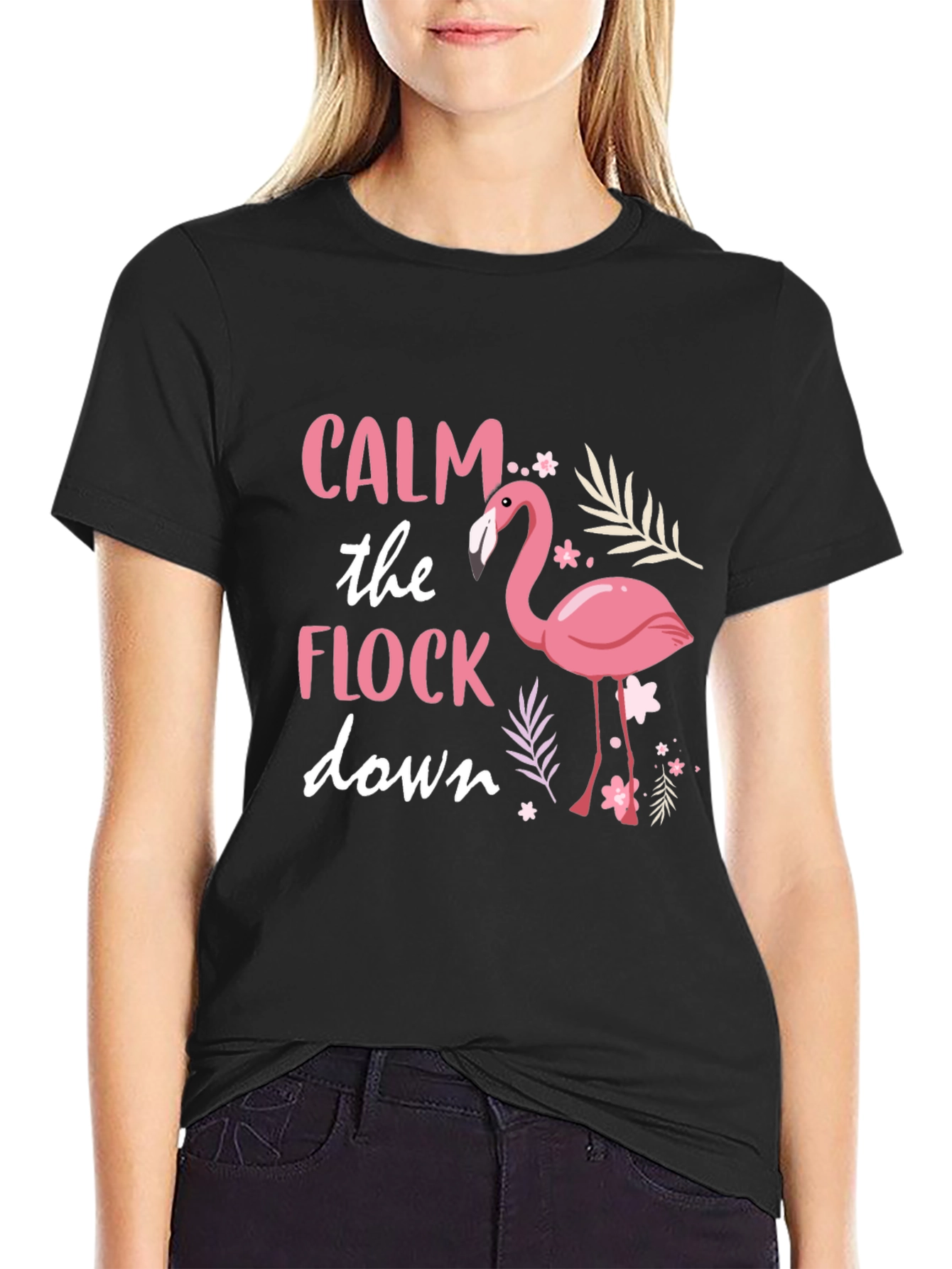 Calm the Flock Down Flamingo Graphic Tee - Black