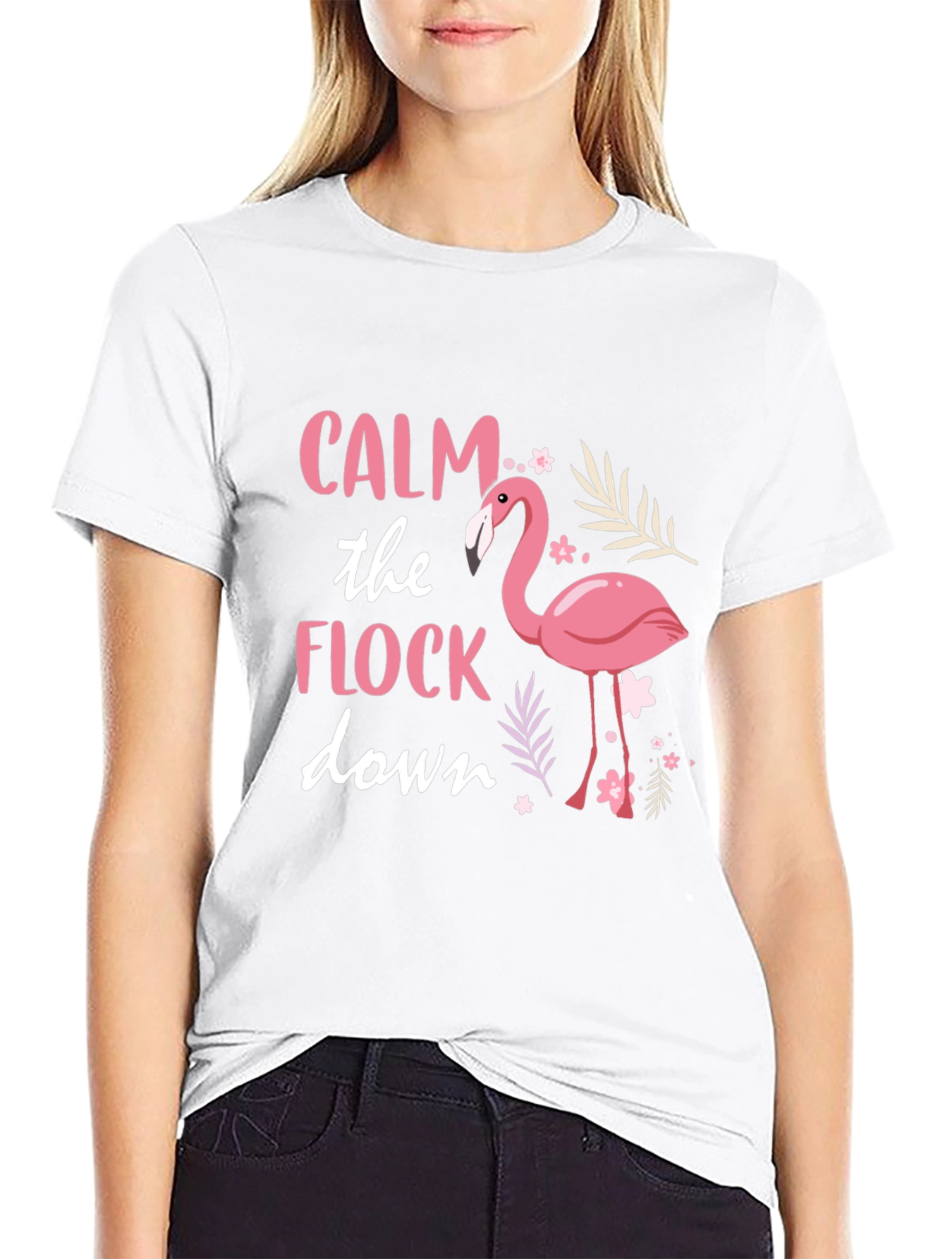 Calm the Flock Down Flamingo Graphic Tee - Black
