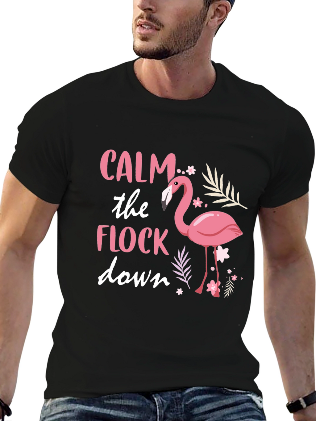 Calm the Flock Down Flamingo Graphic Tee - Black