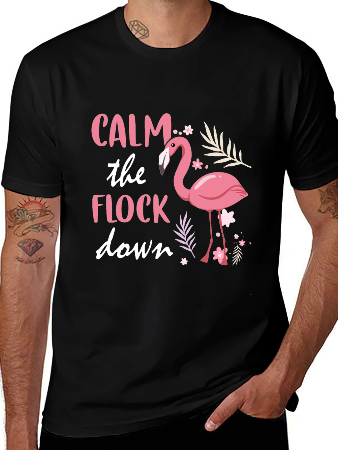Calm the Flock Down Flamingo Graphic Tee - Black