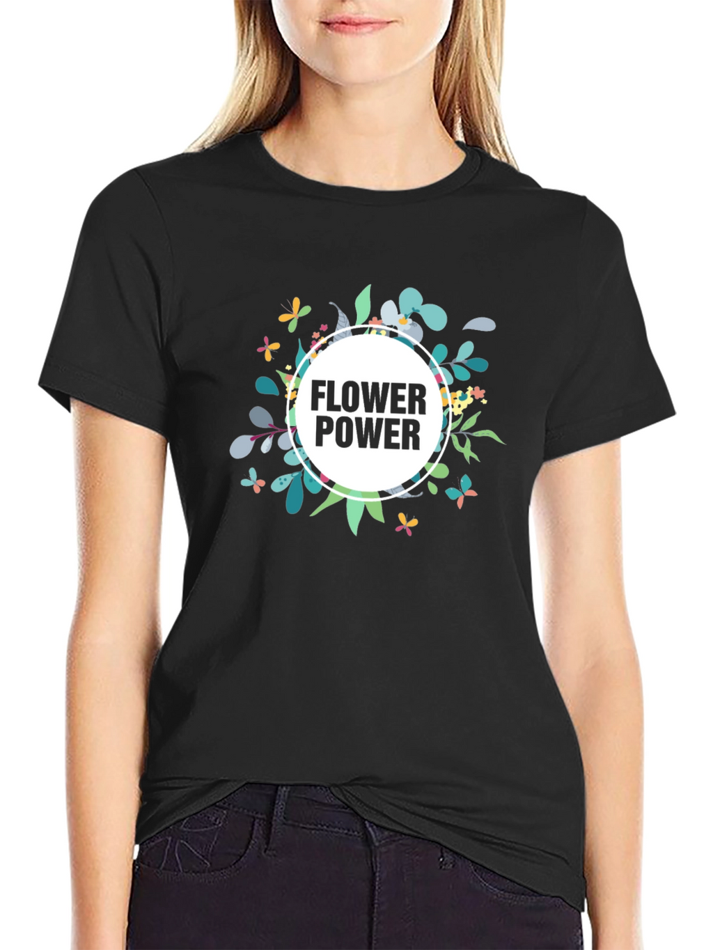 Flower Power Graphic Tee - Black Casual T-Shirt