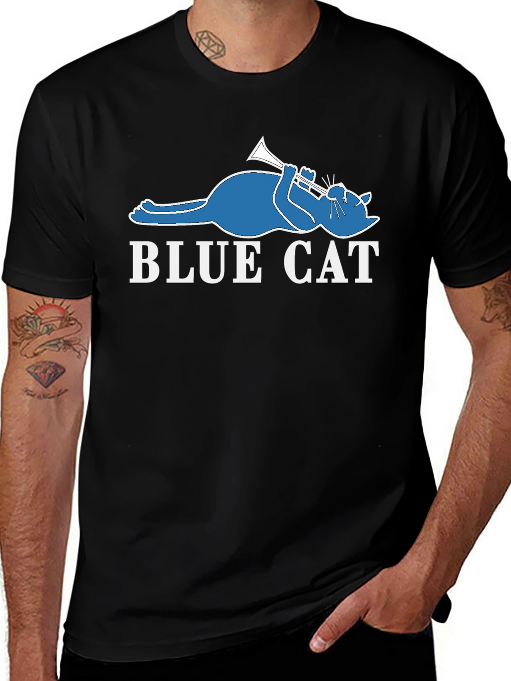 Blue Cat Trumpet T-Shirt - Cool Graphic Tee