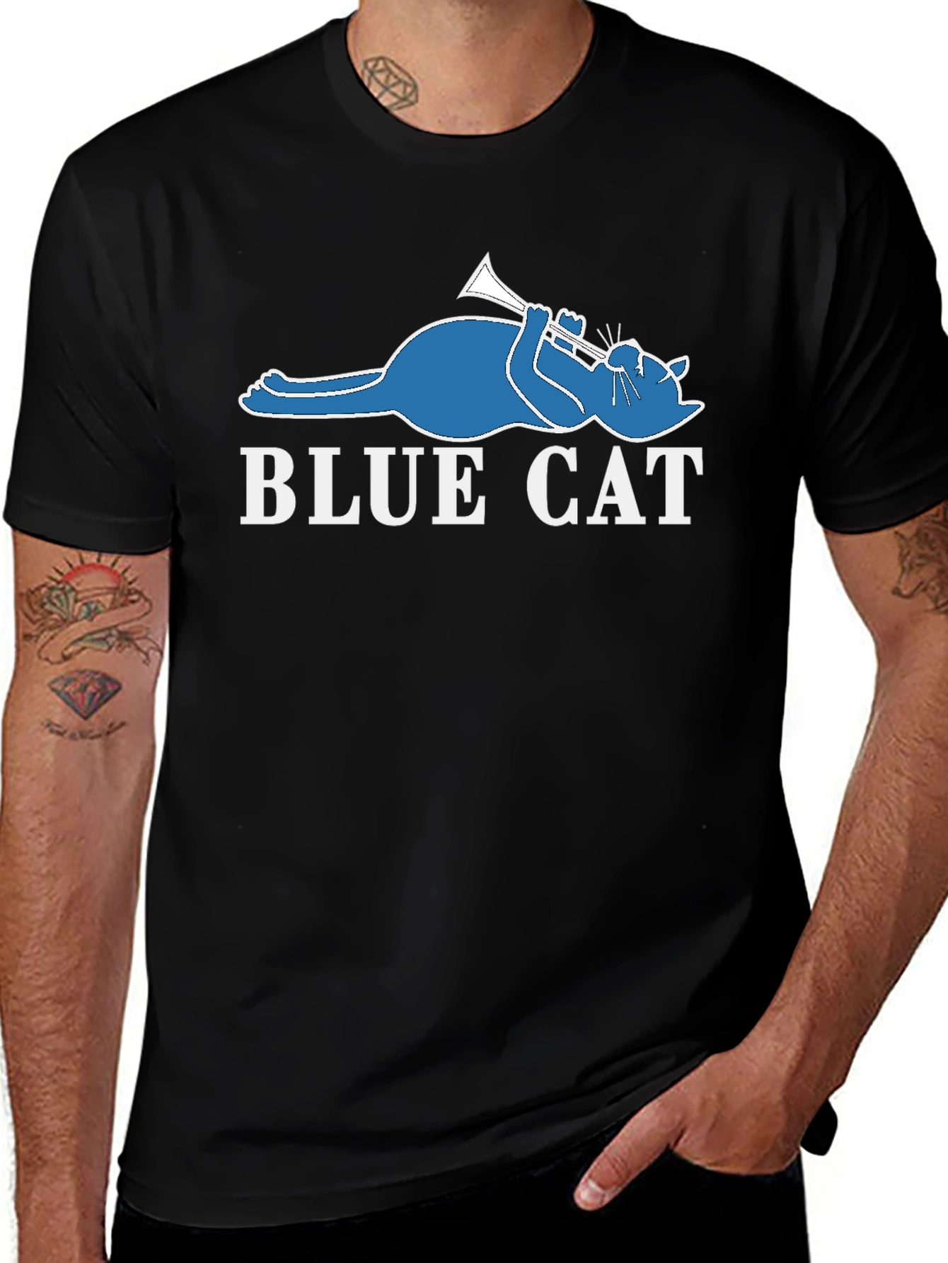 Blue Cat Trumpet T-Shirt - Cool Graphic Tee