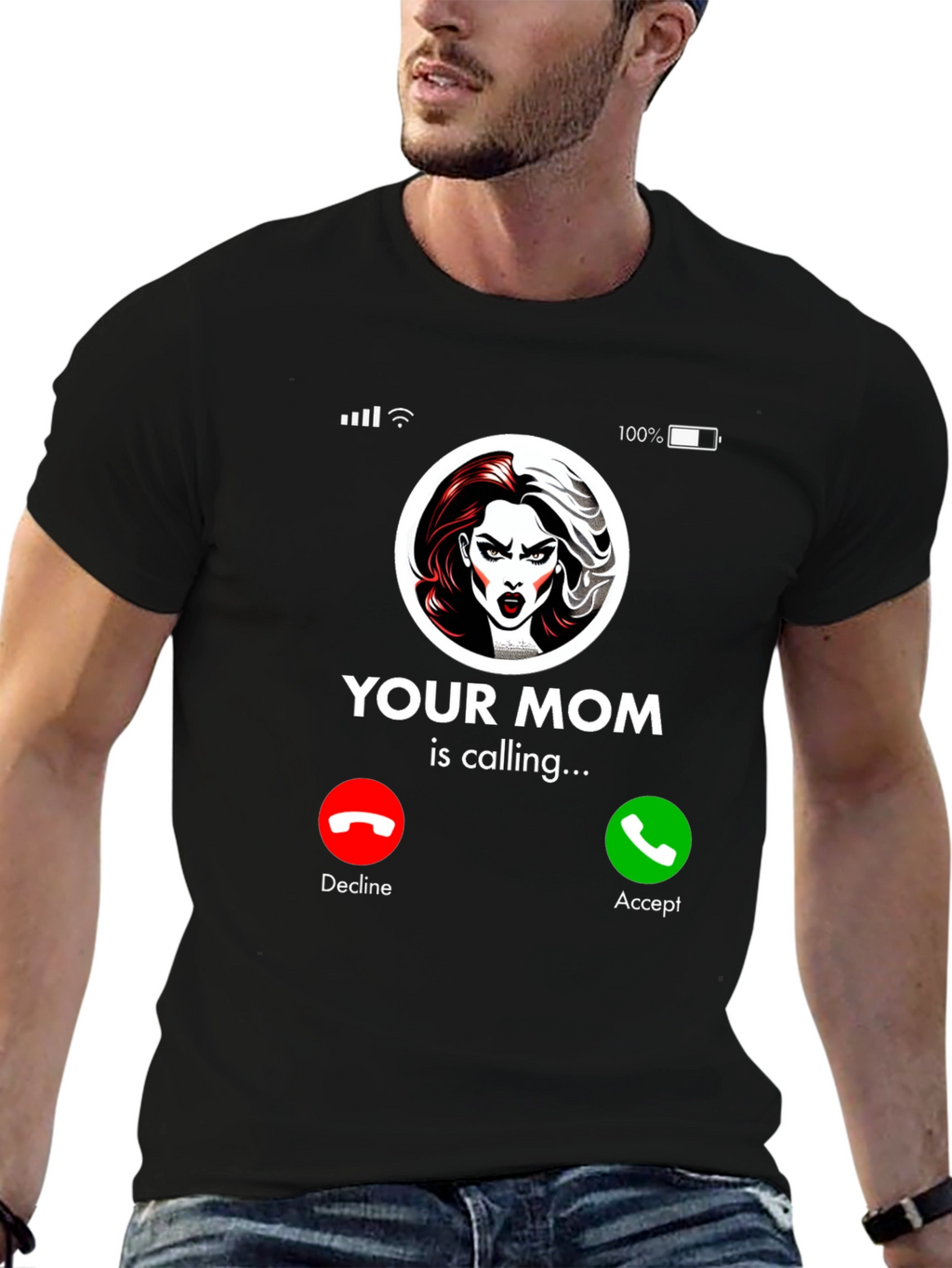 Humorous Your Mom Incoming Call Black T-Shirt