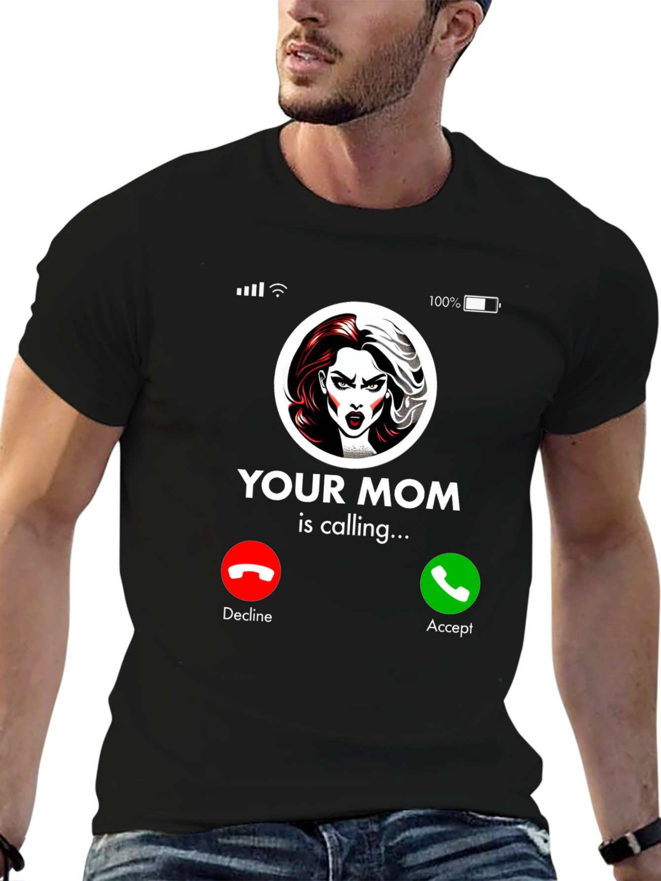 Humorous Your Mom Incoming Call Black T-Shirt