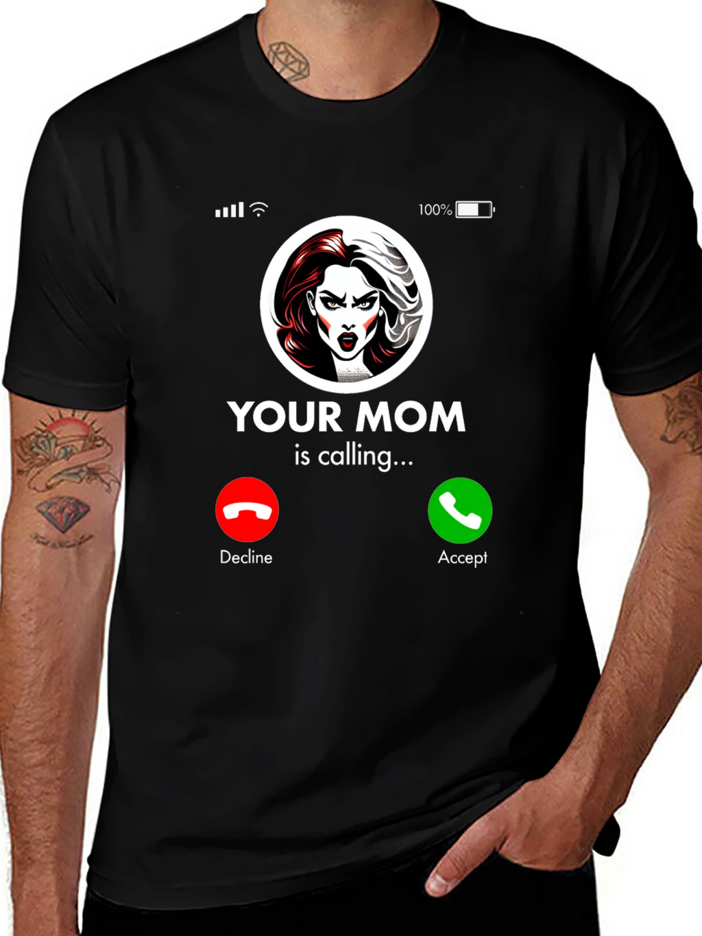 Humorous Your Mom Incoming Call Black T-Shirt