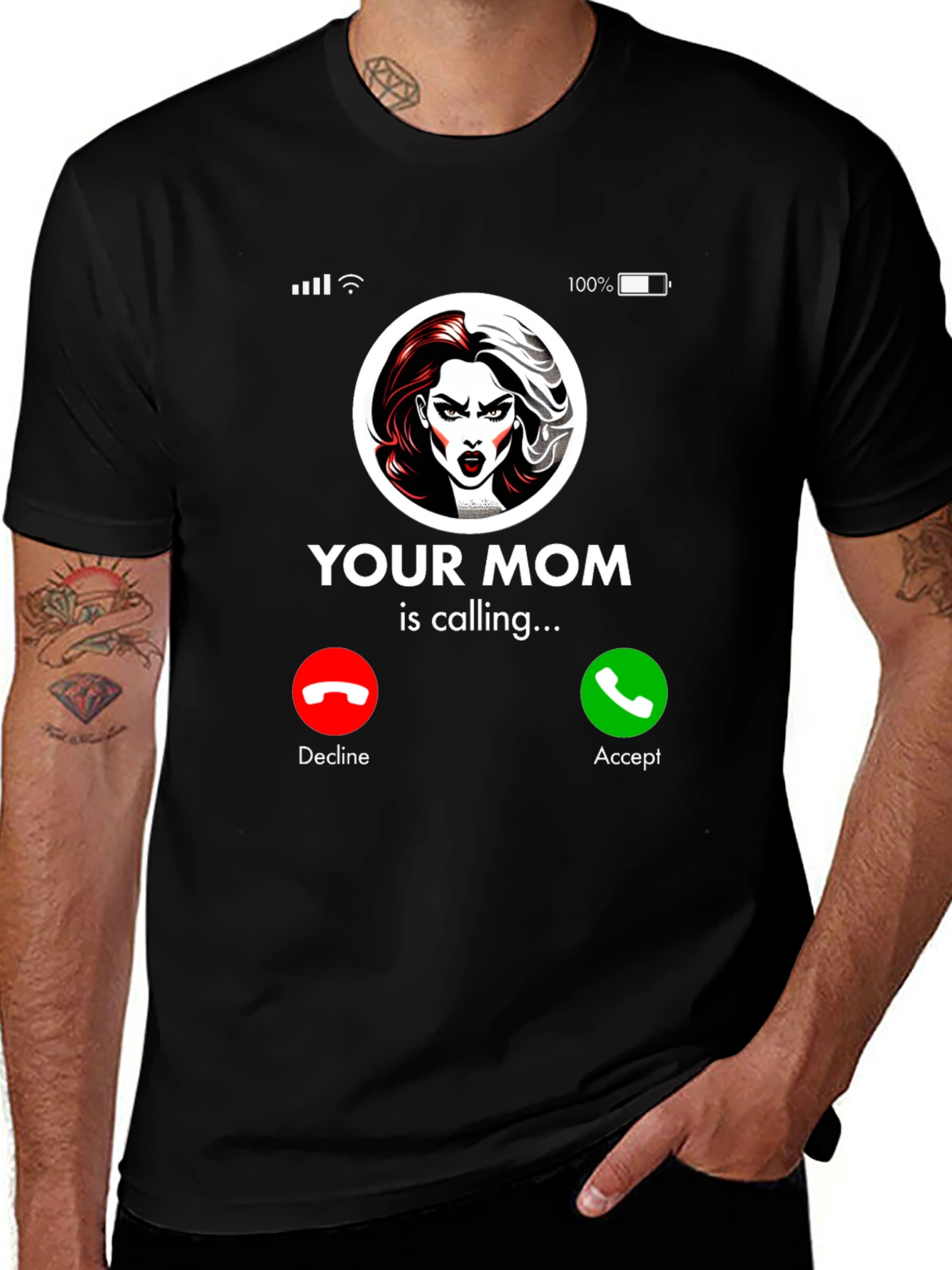 Humorous Your Mom Incoming Call Black T-Shirt