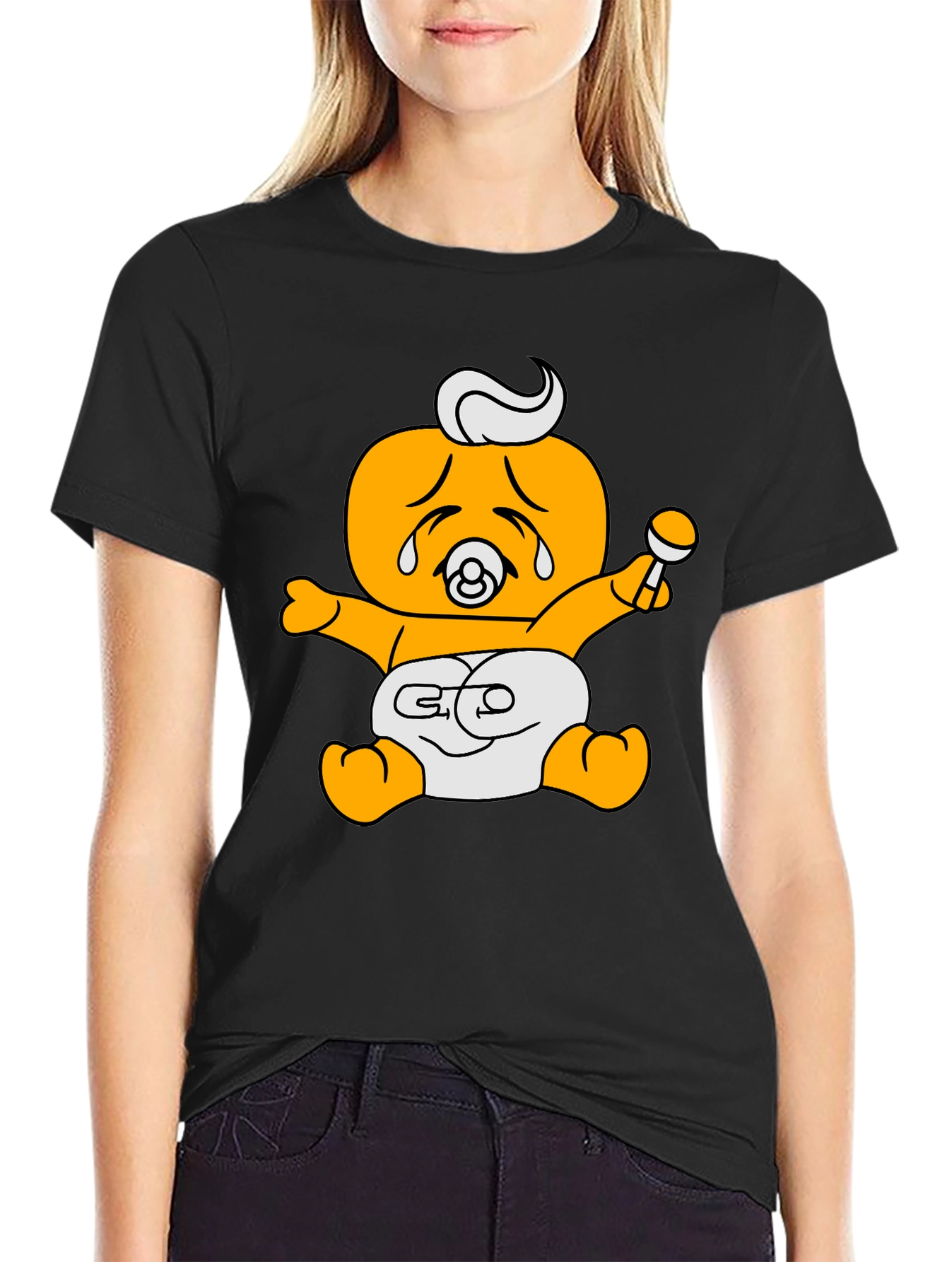 Funny Crying Baby Cartoon Graphic Black T-Shirt