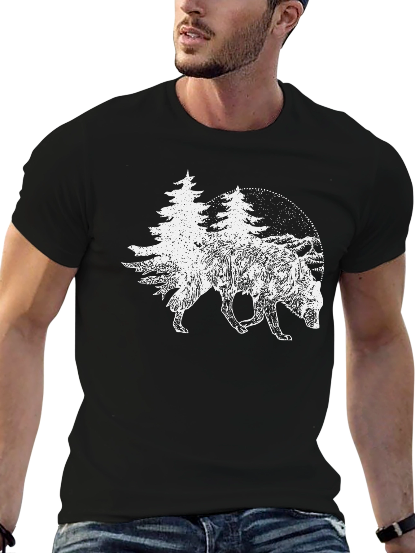 Nature Wolf Graphic Tee - Black Cotton T-Shirt