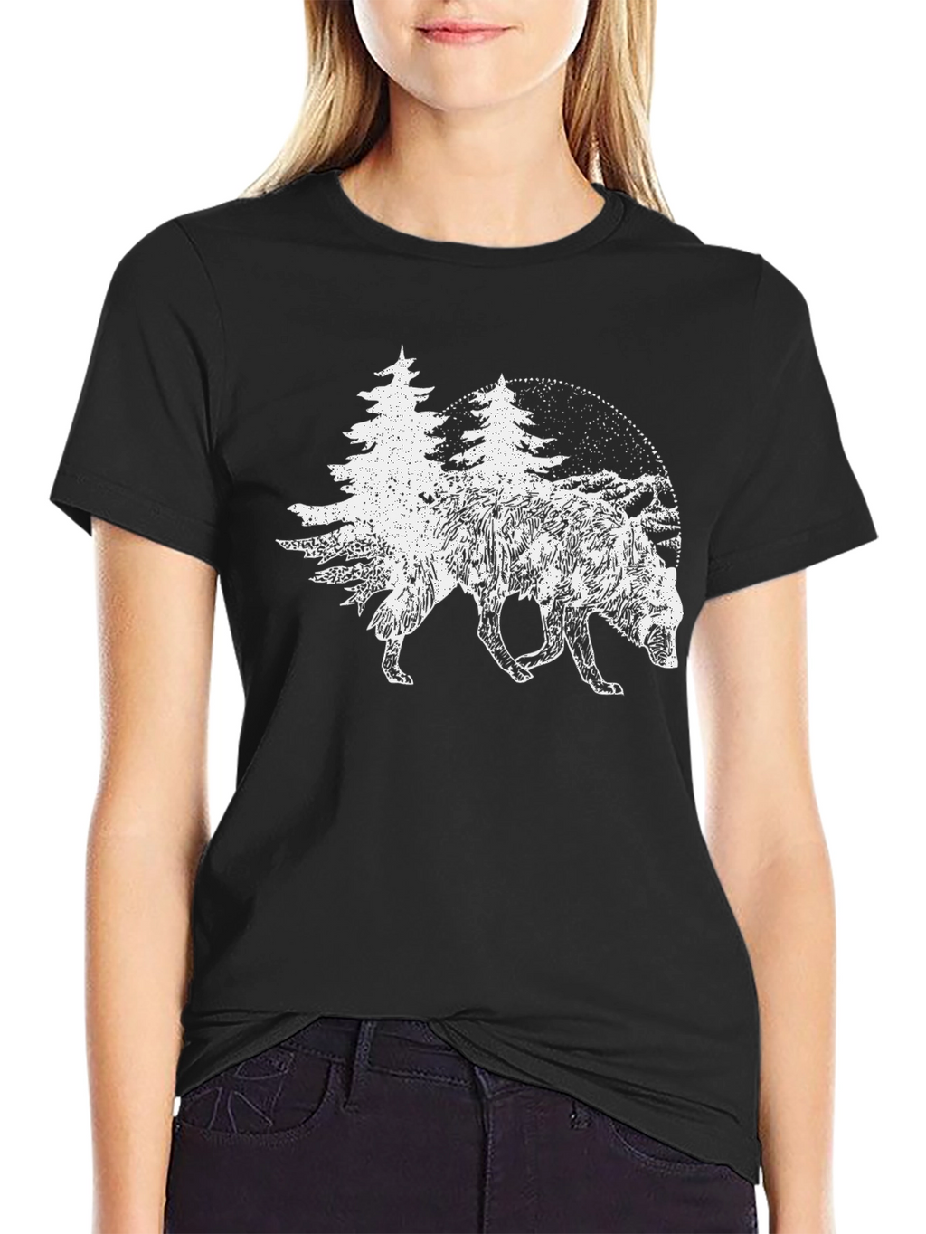 Nature Wolf Graphic Tee - Black Cotton T-Shirt