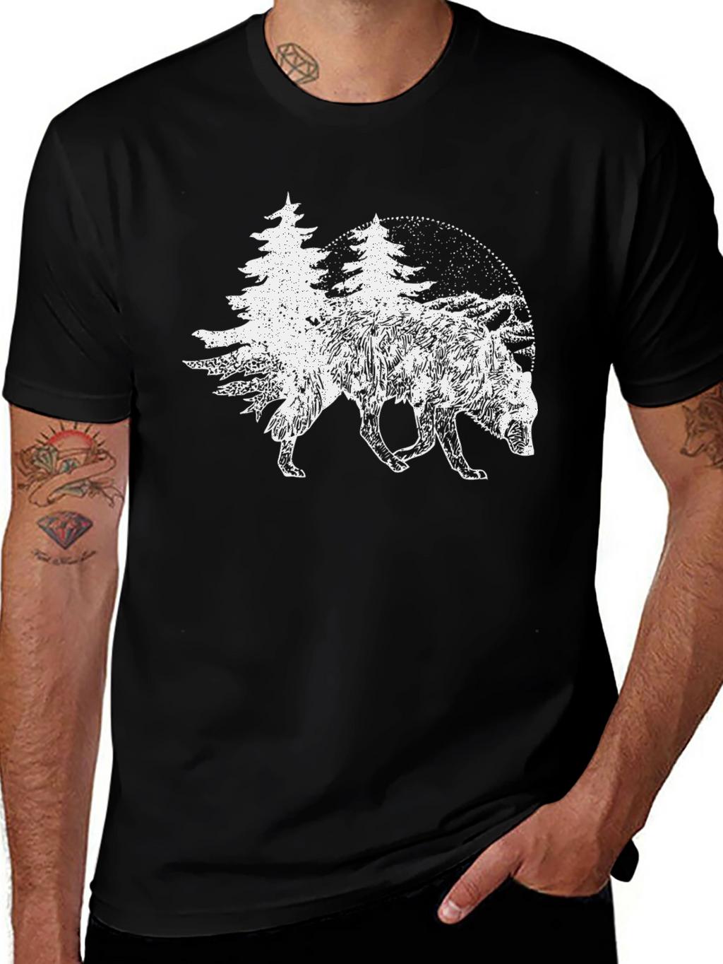 Nature Wolf Graphic Tee - Black Cotton T-Shirt