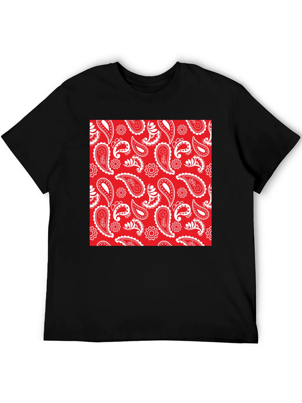 Red Paisley Print Black Crew Neck Tee