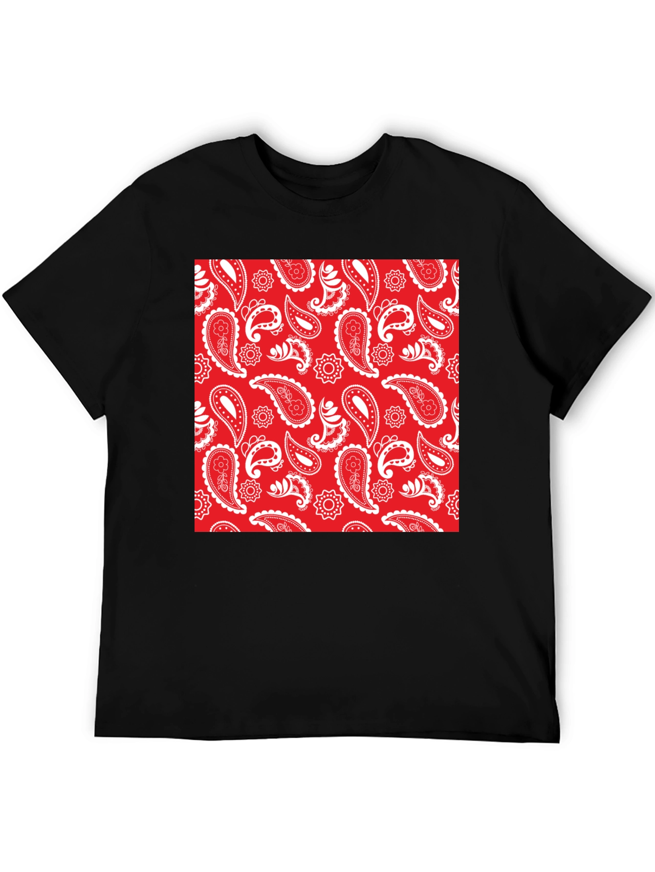Red Paisley Print Black Crew Neck Tee