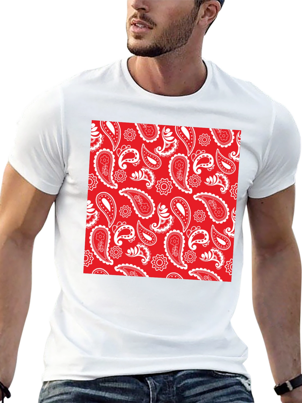 Red Paisley Print Black Crew Neck Tee