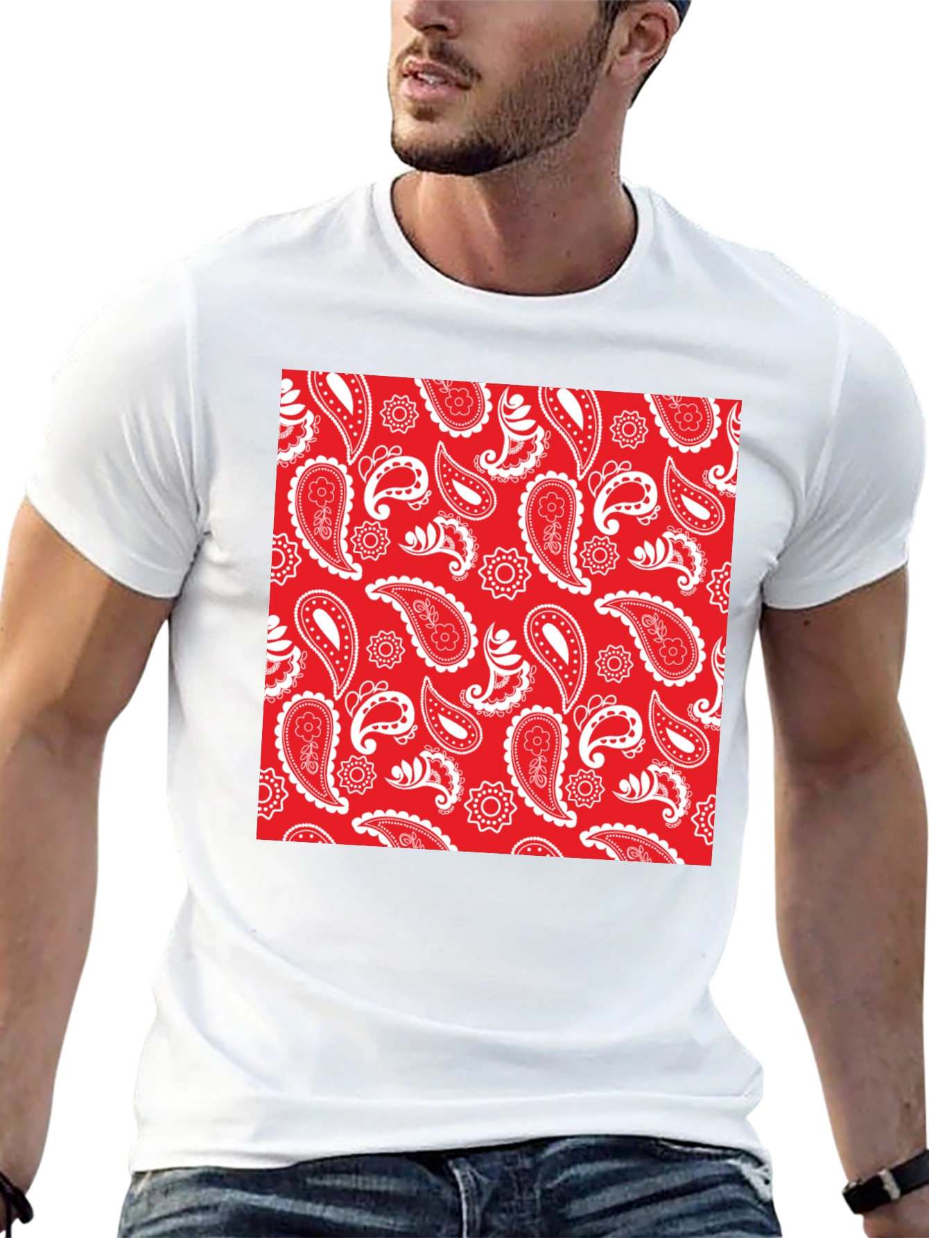 Red Paisley Print Black Crew Neck Tee