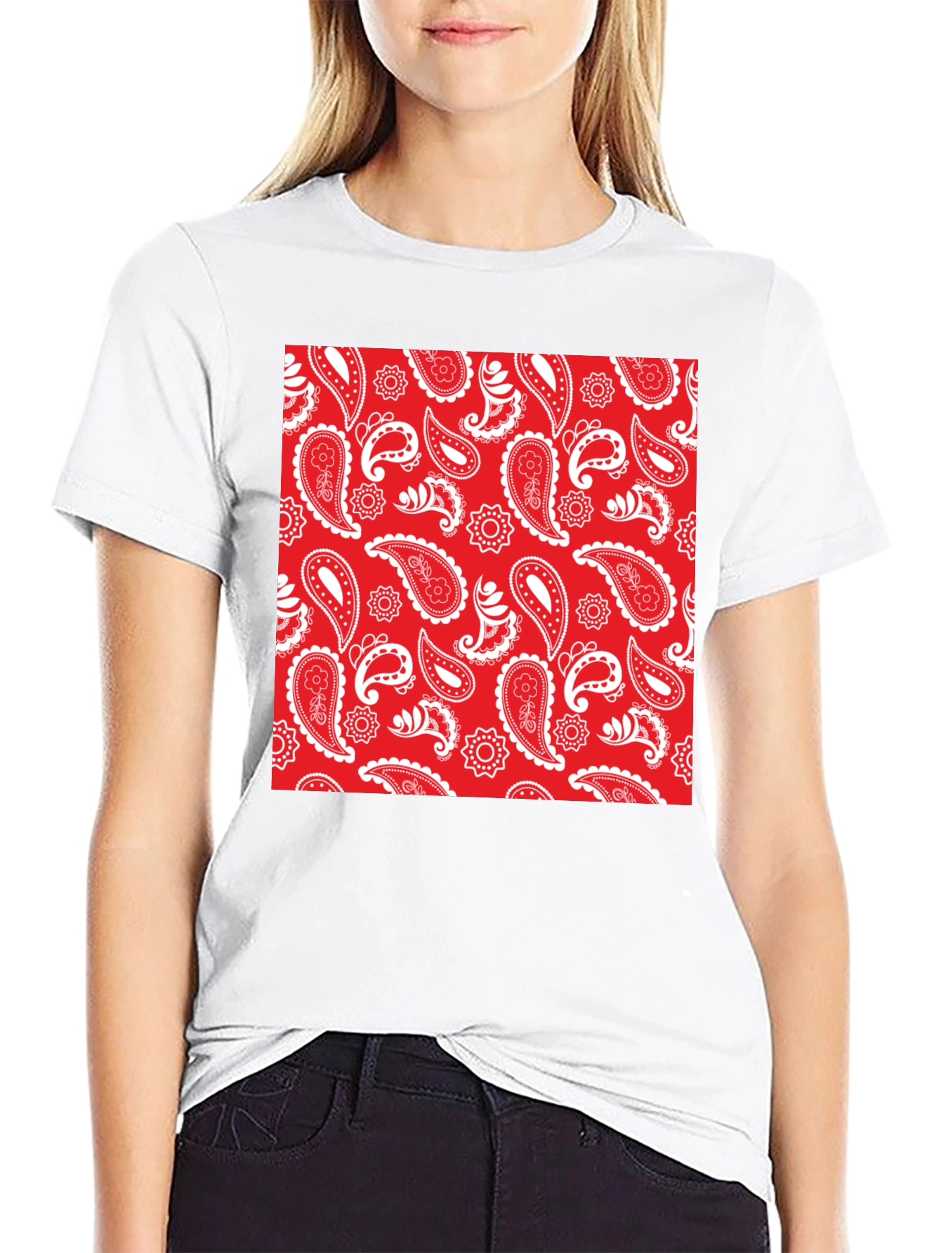 Red Paisley Print Black Crew Neck Tee