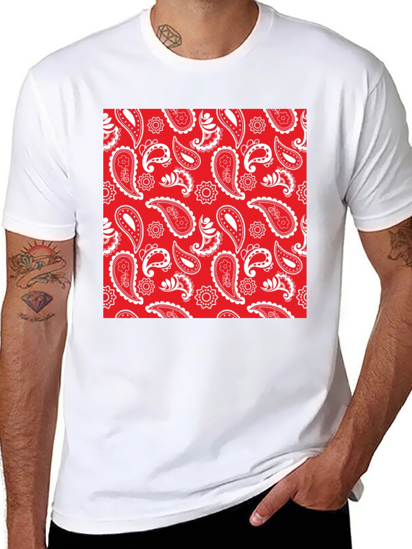 Red Paisley Print Black Crew Neck Tee